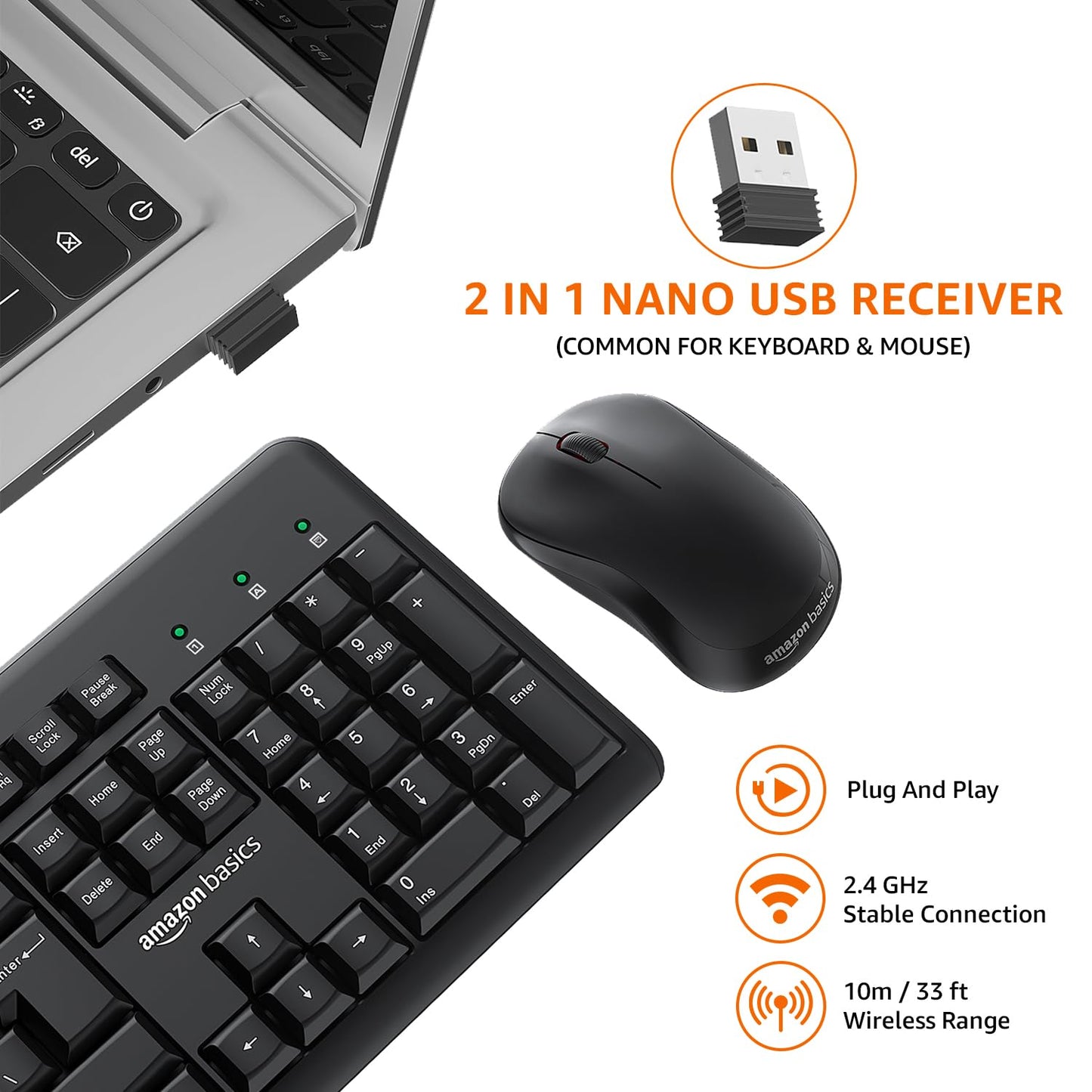(Open Box) Amazon Basics USB Wireless Keyboard and Mouse Set with Nano Receiver