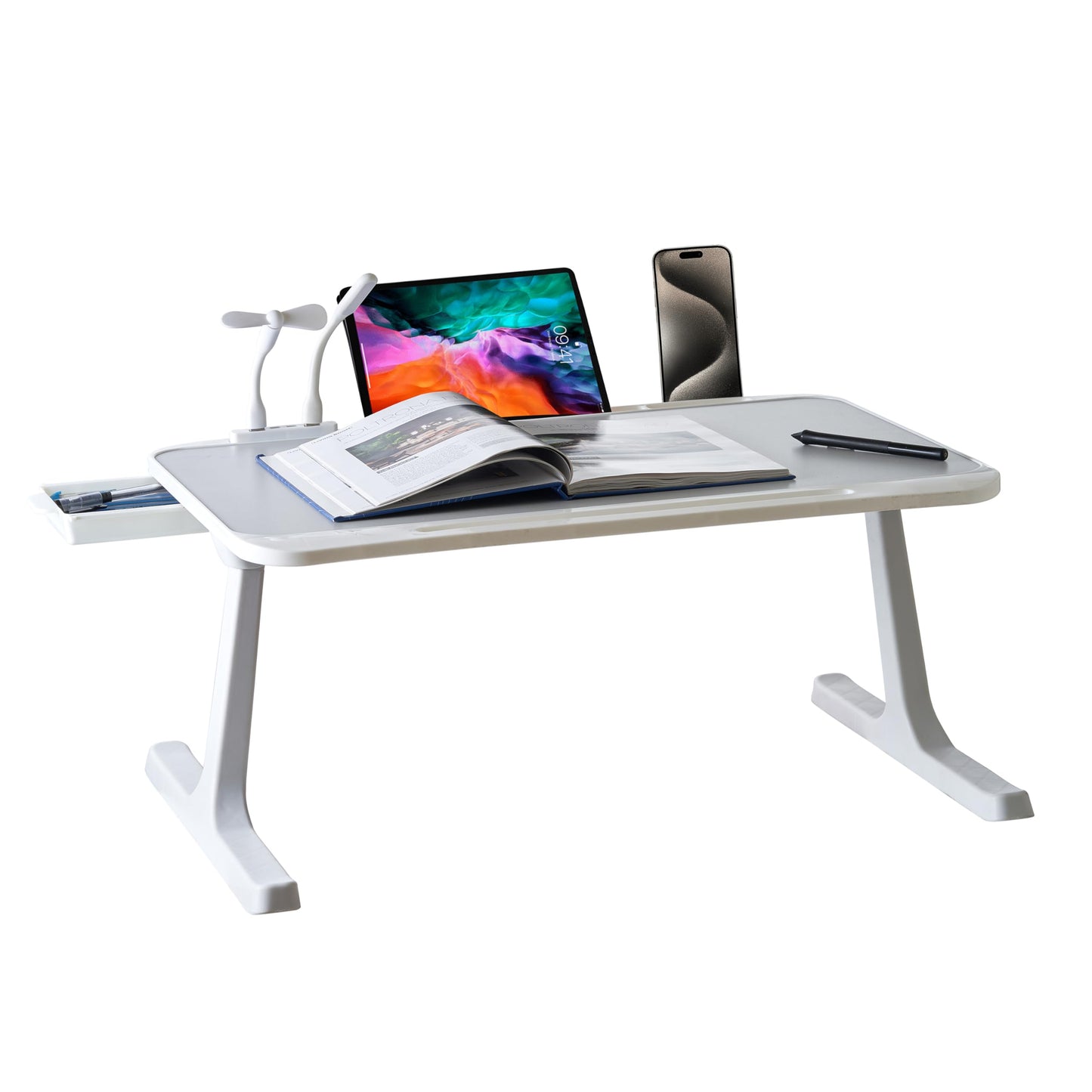 (OPEN BOX)GoRogue Laptop Table for Bed & Sofa, Foldable Desk with Cup Holder, Drawer & Built-in USB Hub with Free Mini Fan, LED Lamp (Black)