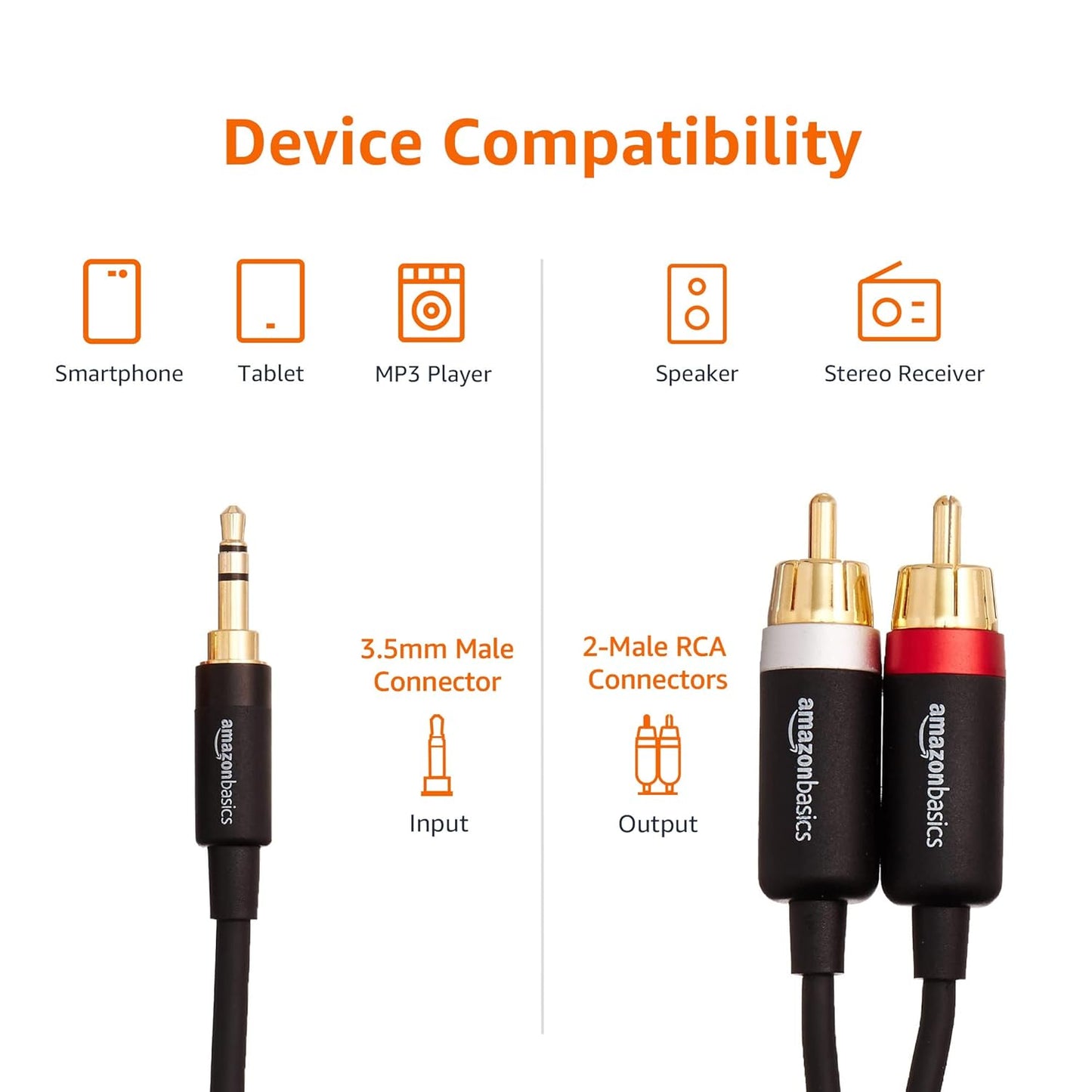 (Open Box) amazon basics 3.5Mm To 2-Male Rca Adapter Cable - 4 Feet, Gold