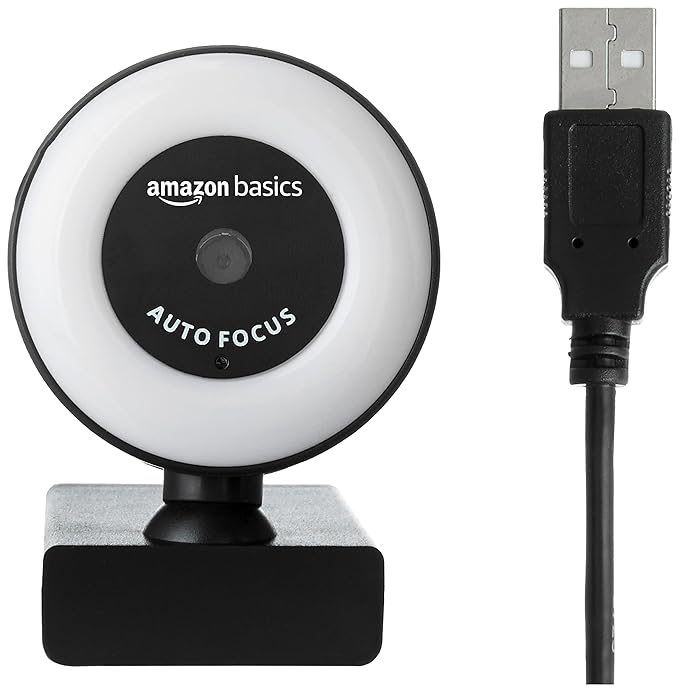 (Open Box) Amazon Basics Auto Focus Full HD 1080P 2.1 Megapixel 30 FPS Ring Light Web Camera with Built-in Mic for PC/Mac/Laptop Video Calling (Black)
