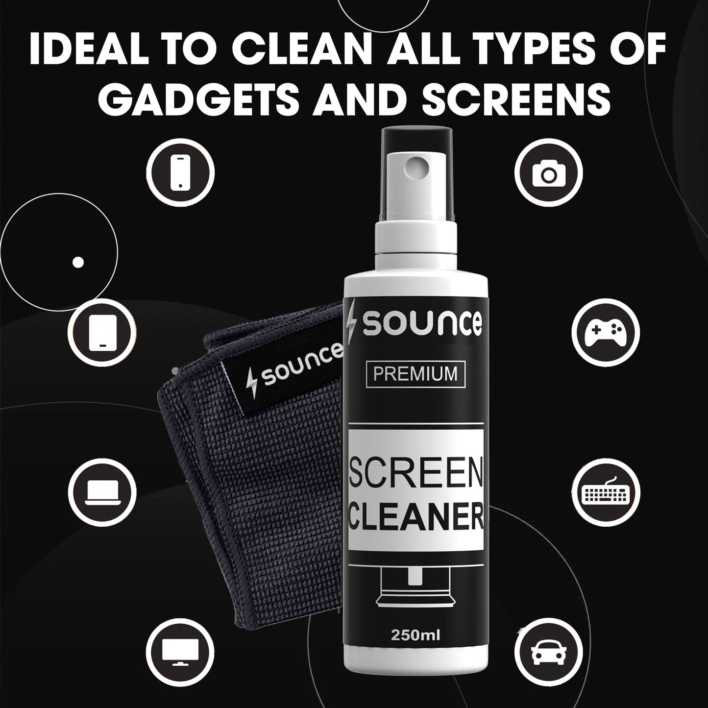 (open box)Sounce 2-in-1 Professional Screen Cleaning Kit Non-Toxic, Anti-Static for Camera, Lens, Binocular, Laptop, TV, Monitor, Smartphone, Tablet (Includes: Cleaning Liquid 500ml, Plush Microfiber Cloth)