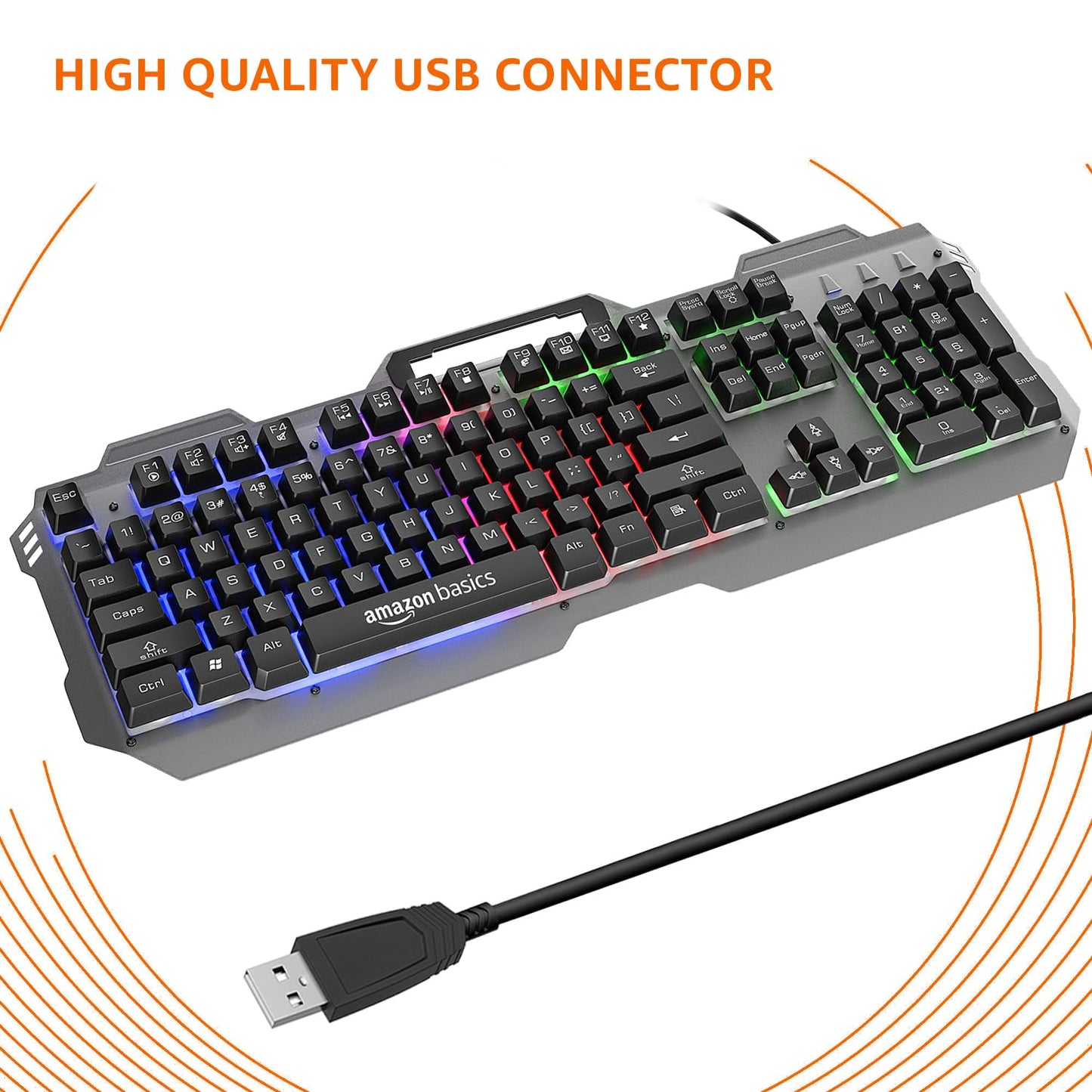 (Open Box) Amazon Basics USB Gaming Keyboard with Multicolour LED Effect | 12 Multimedia Keys |4 LED Modes