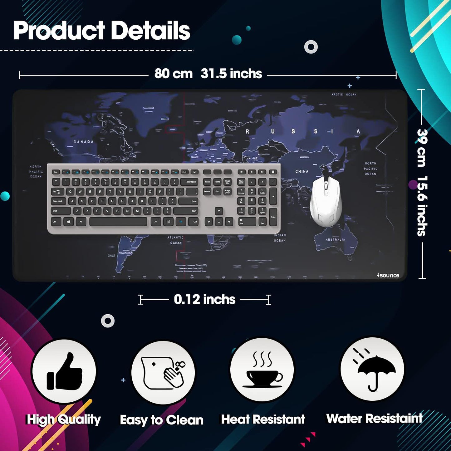 (Open Box) Sounce Mouse Pad Advanced Formula Rubber Extended Gaming Mouse Pad with Smooth Mouse Control Mercerized Surface Anti-fray Edges and Anti Slip Rubber Base Dimensions 800L x 300B x 2H mm (Black)