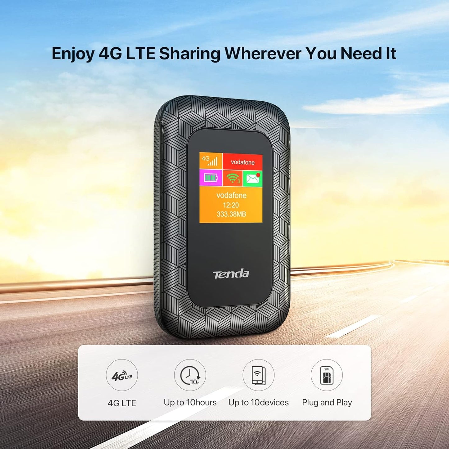 (Open Box)Tenda 4G185 3G/4G Mobile Hotspot, 4G LTE 150Mbps MiFi Device, 4G Router, single_band, Support USB Interface Charging | 2100 mAh Battery (Black)