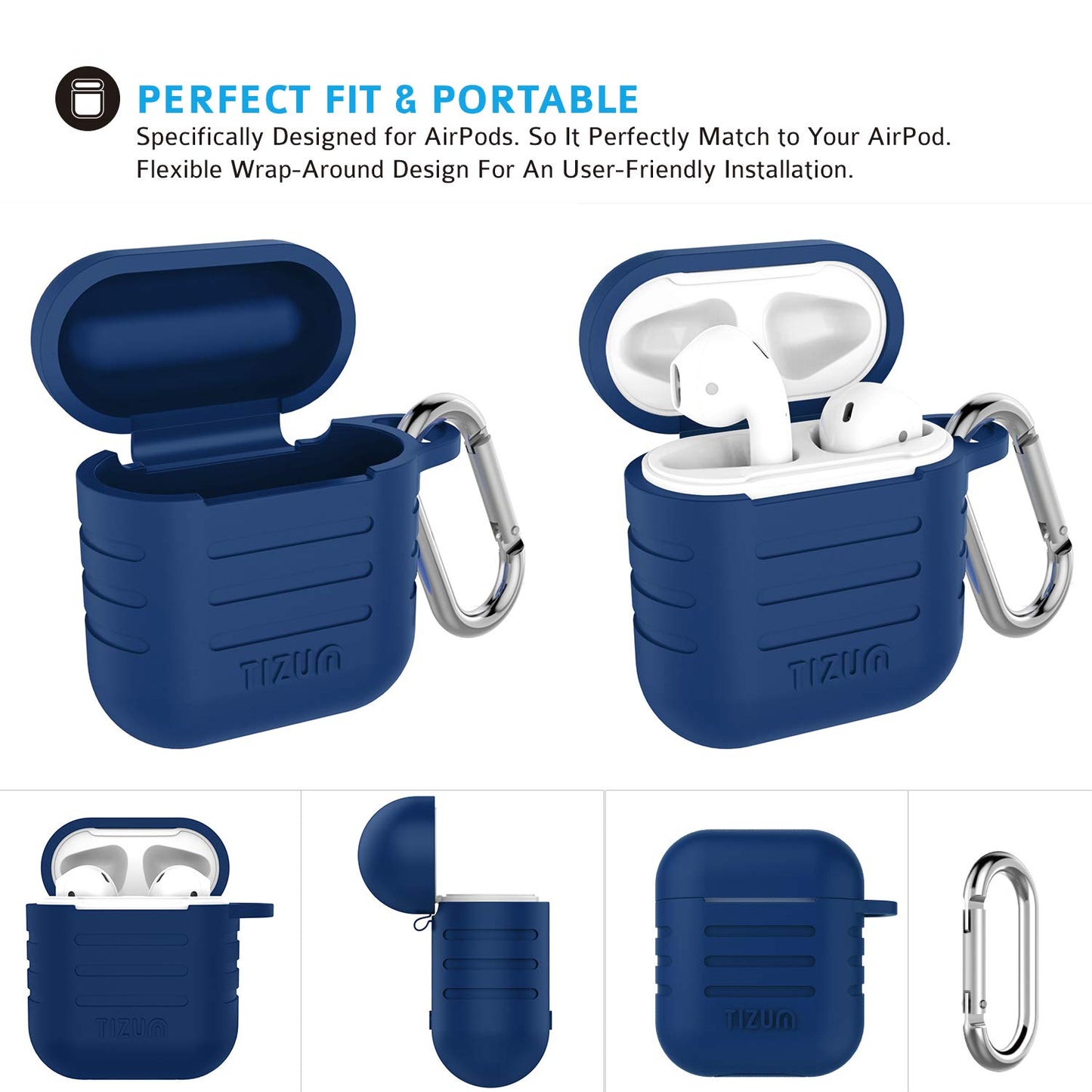 (Open Box) tizum Apple AirPods Case, Silicone-Shockproof Headphones Case Cover with Carabiner Hook for AirPod (Blue)