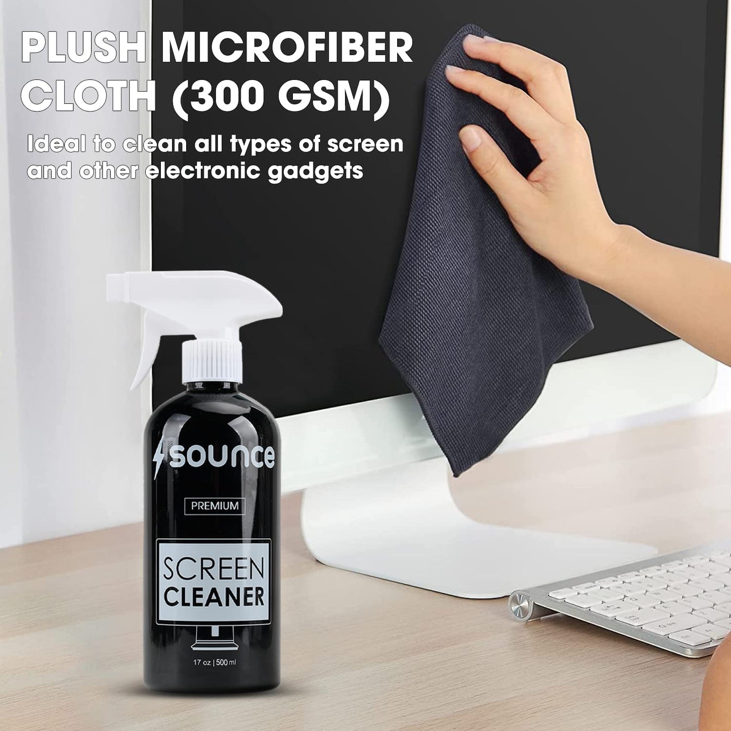(open box)Sounce 2-in-1 Professional Screen Cleaning Kit Non-Toxic, Anti-Static for Camera, Lens, Binocular, Laptop, TV, Monitor, Smartphone, Tablet (Includes: Cleaning Liquid 500ml, Plush Microfiber Cloth)