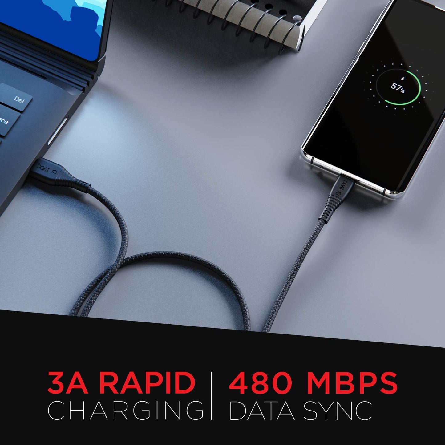 (Open Box) boAt Type C A325/A320 Tangle-free, Sturdy Type C Cable with 3A Rapid Charging & 480 Mbps Data Transmission Speed, Compatible with Smartphones & Tablets(Black)