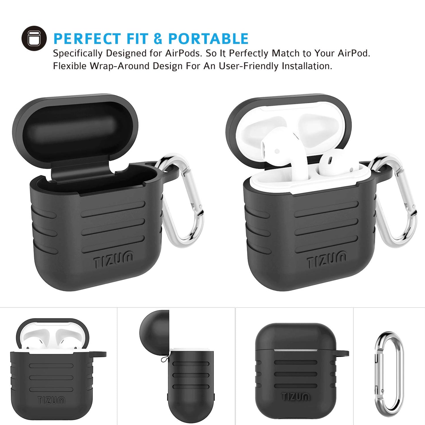 (Open Box) Tizum Apple AirPods Case Silicone-Shockproof Case Cover with Carabiner Hook for AirPod 2 | Black
