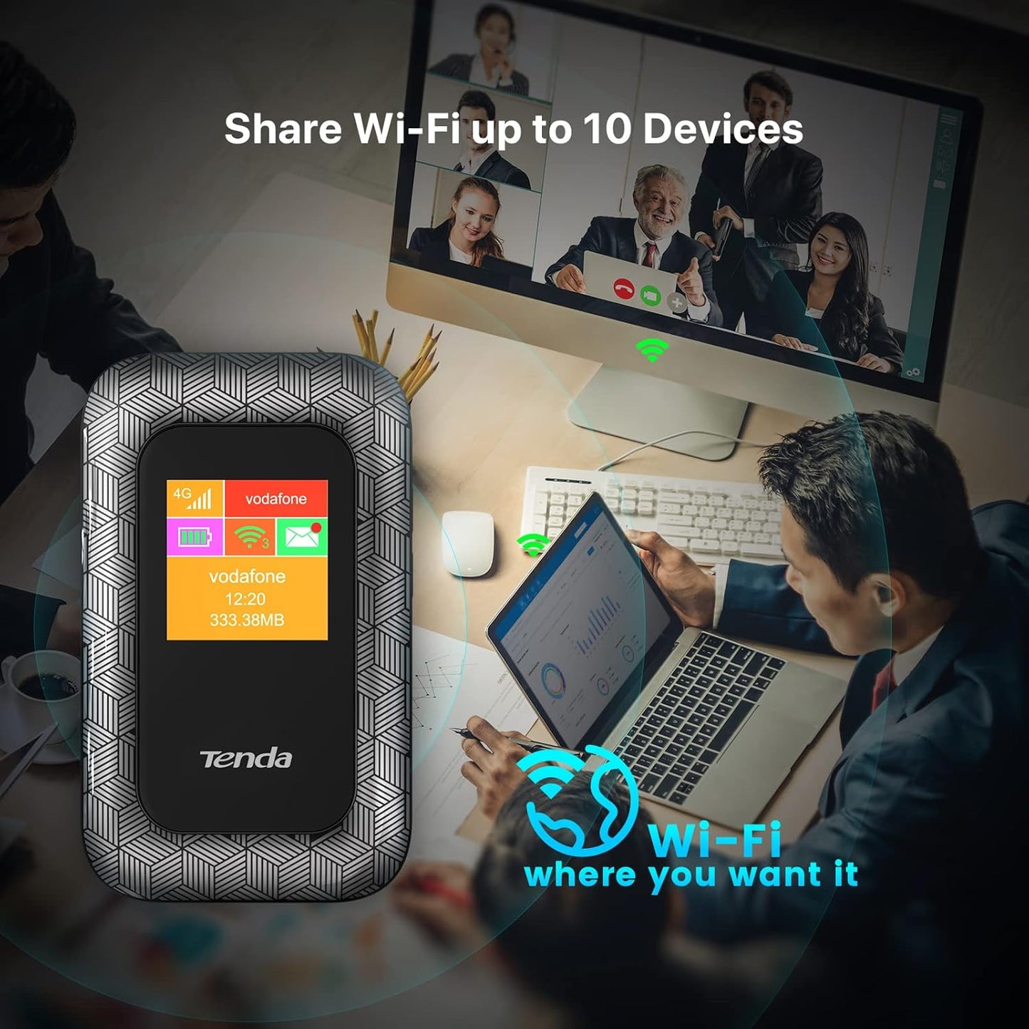 (Open Box)Tenda 4G185 3G/4G Mobile Hotspot, 4G LTE 150Mbps MiFi Device, 4G Router, single_band, Support USB Interface Charging | 2100 mAh Battery (Black)