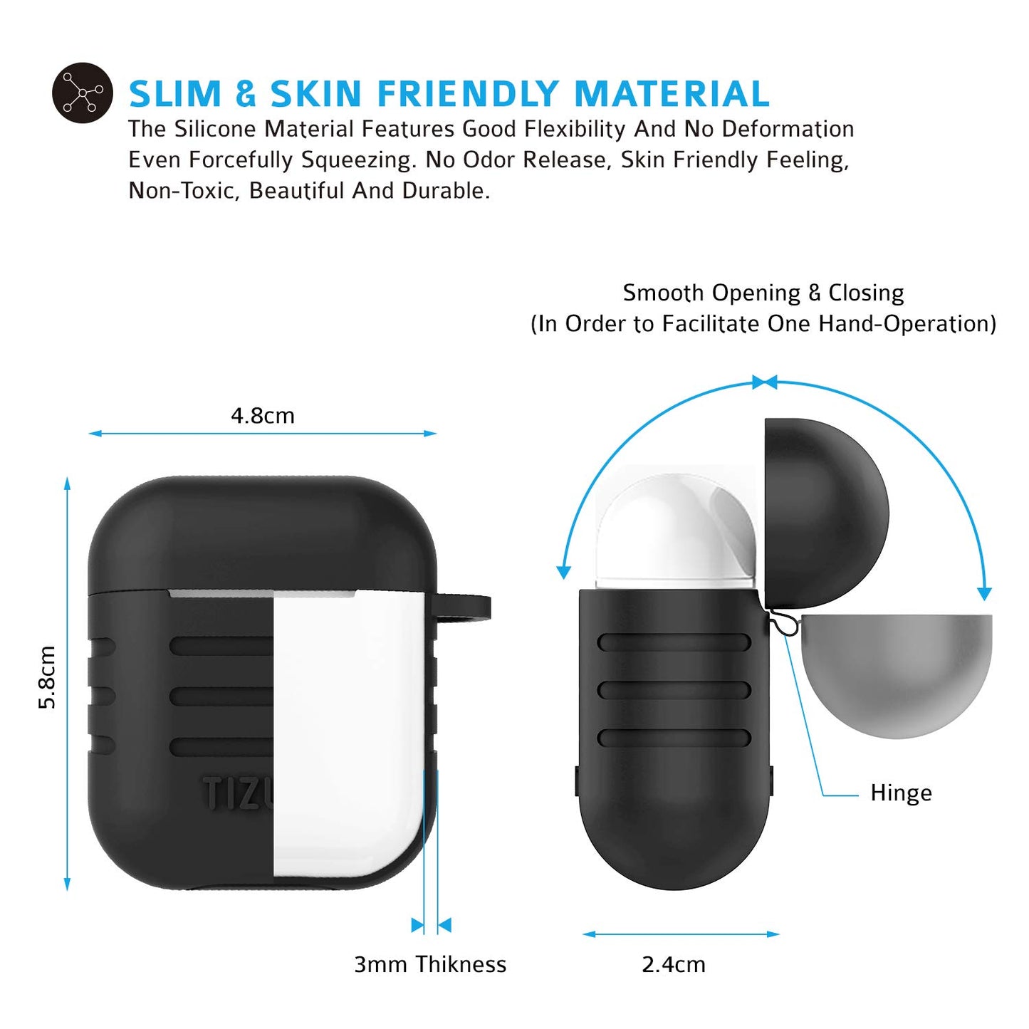 (Open Box) Tizum Apple AirPods Case Silicone-Shockproof Case Cover with Carabiner Hook for AirPod 2 | Black