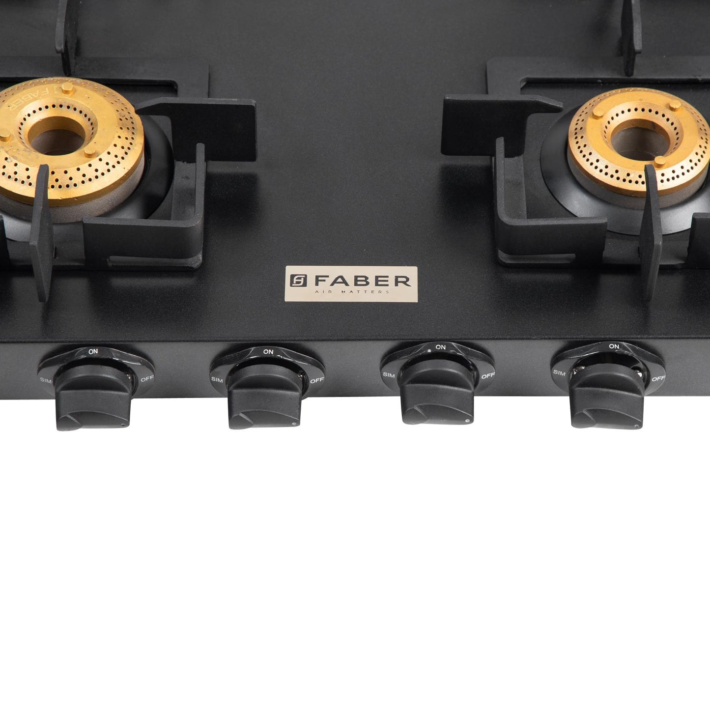 Faber Roma 4 Burner Gas Stove | 2.0.mm MS Frame Body with Diamond Coated Finish | 4 Brass Burners | Diamond Coated Pan Support & Drip Tray, Heat Resistant Metal Knobs, Manual Ignition, Black