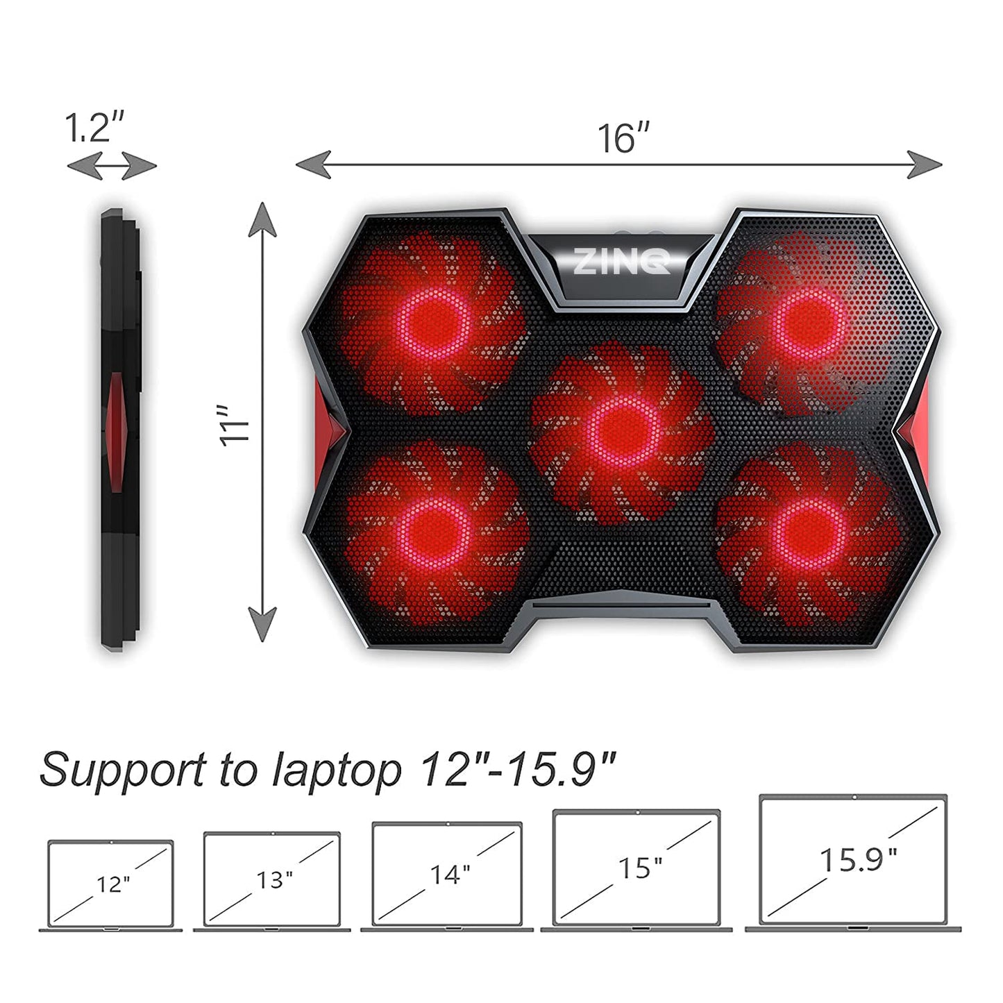 (Open Box) Zinq Technologies Five Fan Cooling Pad and Laptop Stand with Dual Height Adjustment and Dual USB Port Extension (Black)