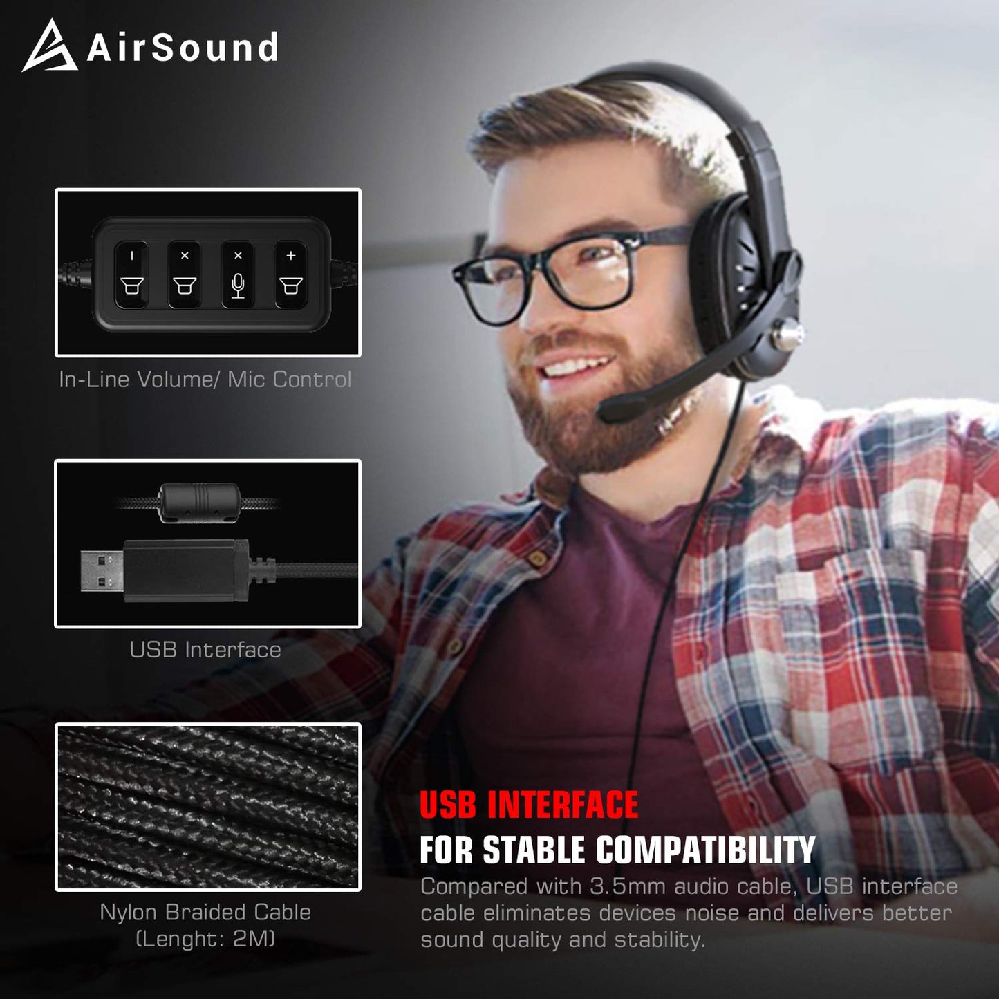 (Open Box) AirSound Gaming Over-Ear Headset Headphone| Red LED Lights| 7.1 Surround Sound| Noise Cancelling Mic| Volume Control, USB Interface for All Laptop (Alpha-2)
