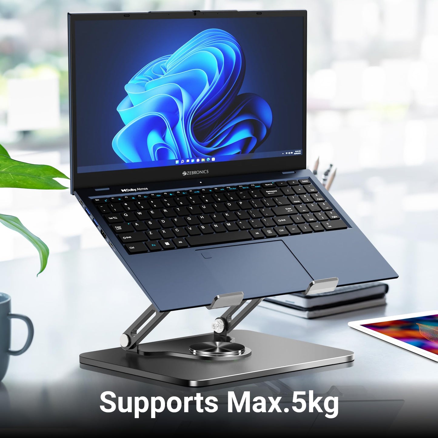 (OPEN BOX0)Zebronics NS3000 Portable Laptop & Tablet Stand Supports Upto 17” with Max. 5KG Support, Anti-Slip Silicone Pads, Foldable Design, Multi Angle Adjustment, Carbon Steel Body