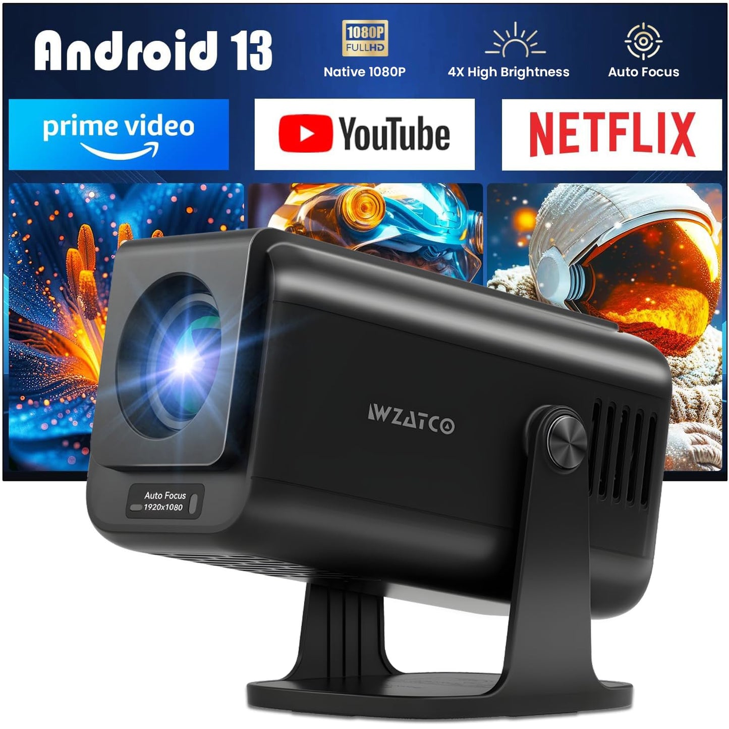 (Open Box) WZATCO Yuva Plus (Upgraded) Native 1080P Full HD Projector with 4K Support, 11700 Lumens, 250" Screen | 5 Watt HiFi Speaker, Bluetooth 5.1 | Slide Lens Door, White