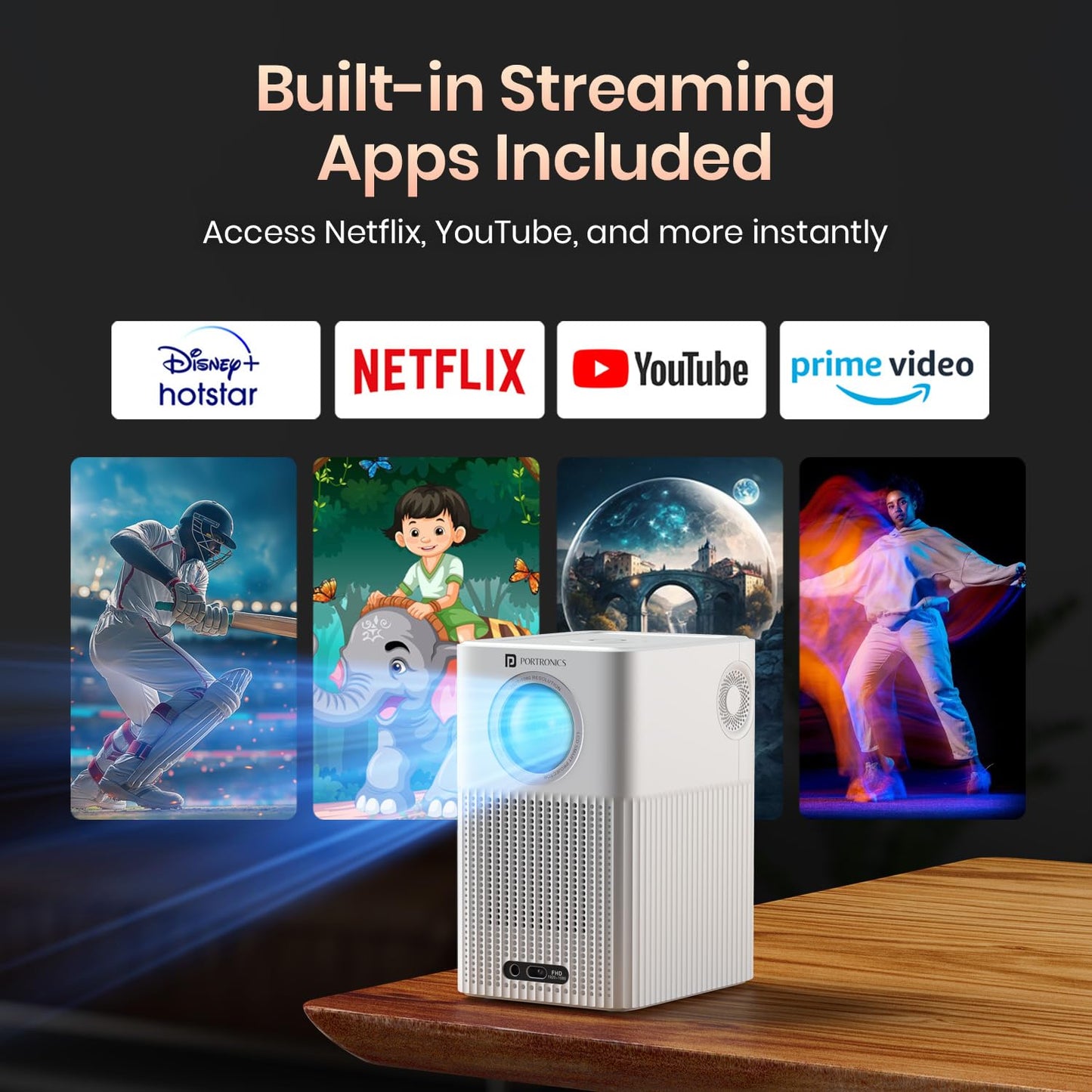 (Open Box) Portronics Beem 440 Smart LED Projector with 720p HD Resolution, Rotatable Design, Built-in Streaming Apps (Netflix, Prime Video, Hotstar), 2000 Lumens, Screen Mirroring, 3 Watts Speaker (White)