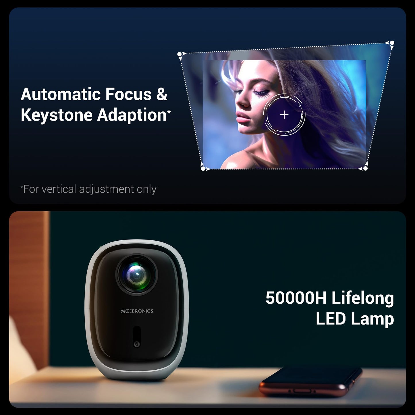 (Open Box) ZEBRONICS PIXAPLAY 53, Smart Vertical Projector, 3500 Lumens, 4K Support, 120 Inch Screen Size, Auto Focus, Auto Keystone, Bluetooth, HDMI, USB, WiFi, 1080p Support, APP Support, Miracast