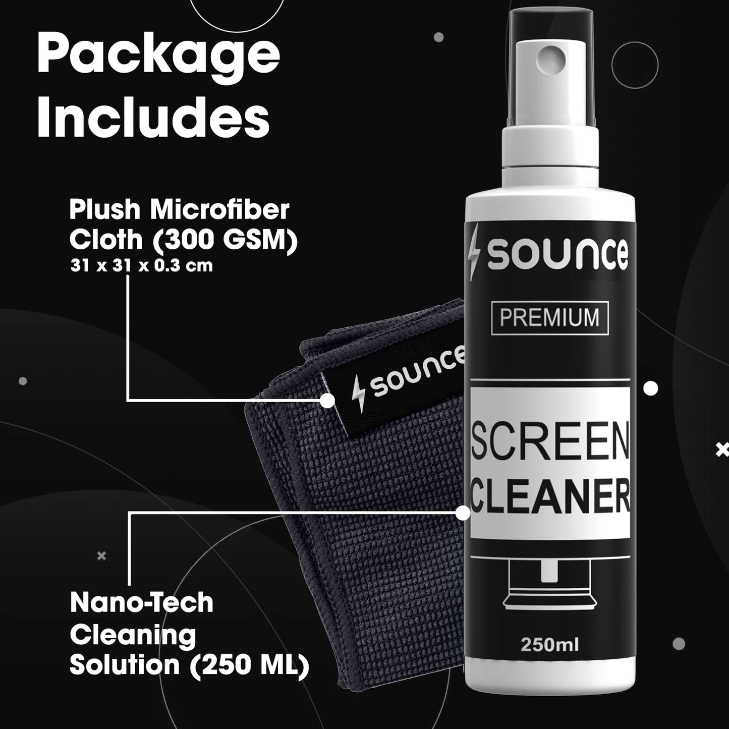 (open box)Sounce 2-in-1 Professional Screen Cleaning Kit Non-Toxic, Anti-Static for Camera, Lens, Binocular, Laptop, TV, Monitor, Smartphone, Tablet (Includes: Cleaning Liquid 500ml, Plush Microfiber Cloth)