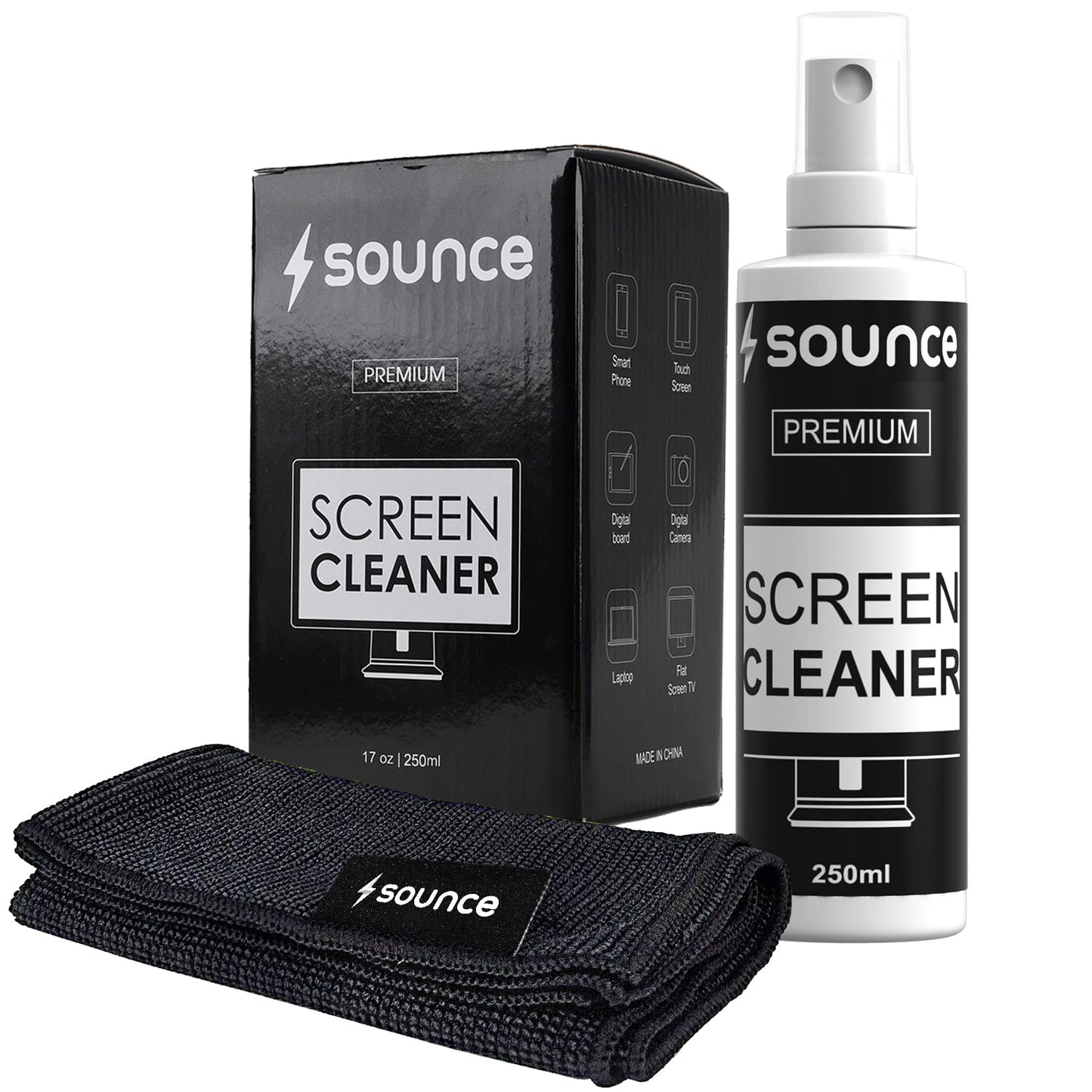 (open box)Sounce 2-in-1 Professional Screen Cleaning Kit Non-Toxic, Anti-Static for Camera, Lens, Binocular, Laptop, TV, Monitor, Smartphone, Tablet (Includes: Cleaning Liquid 500ml, Plush Microfiber Cloth)