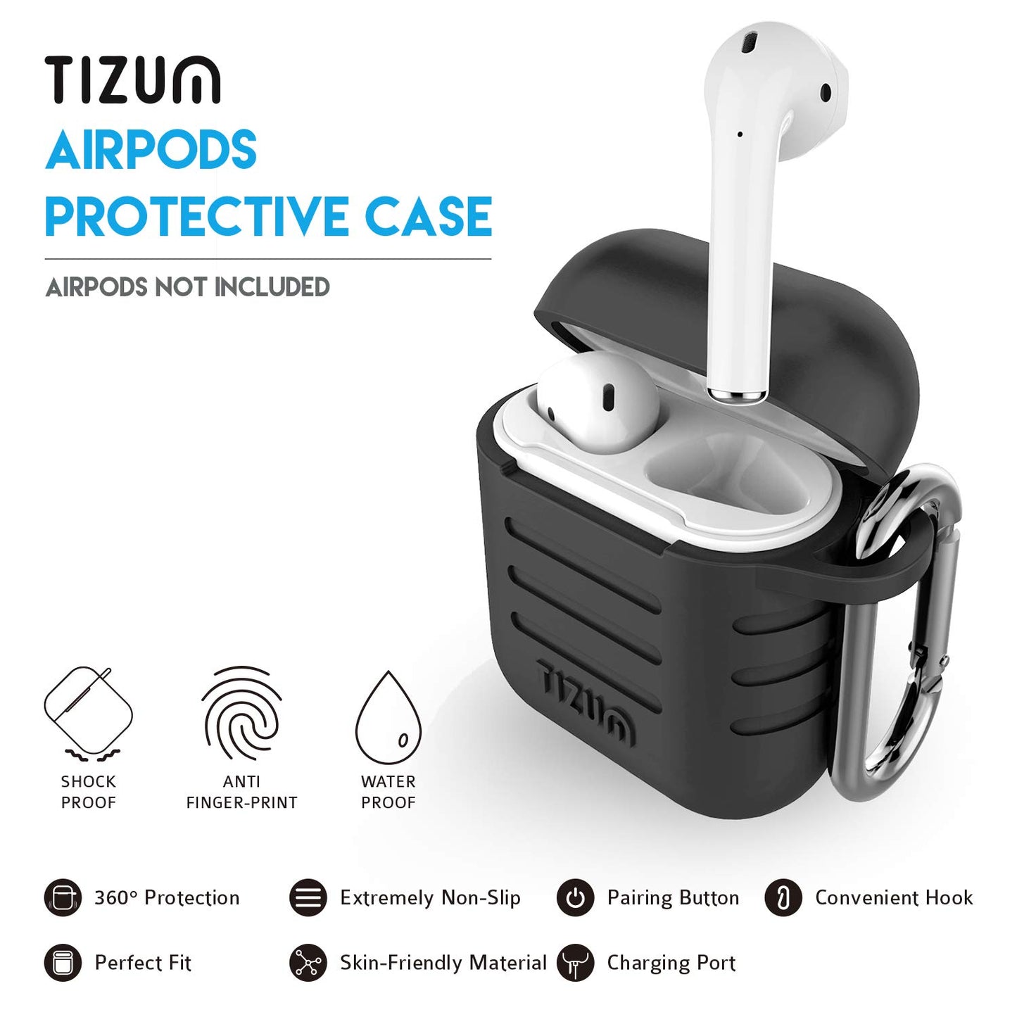 (Open Box) Tizum Apple AirPods Case Silicone-Shockproof Case Cover with Carabiner Hook for AirPod 2 | Black