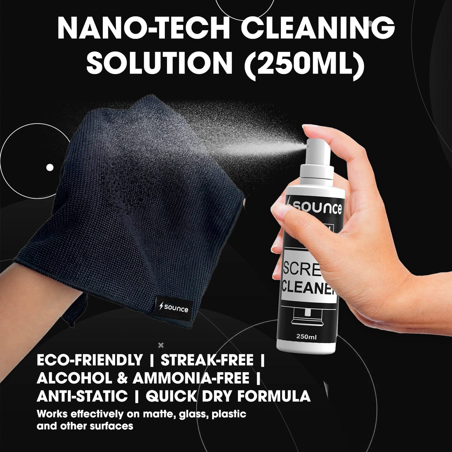 (open box)Sounce 2-in-1 Professional Screen Cleaning Kit Non-Toxic, Anti-Static for Camera, Lens, Binocular, Laptop, TV, Monitor, Smartphone, Tablet (Includes: Cleaning Liquid 500ml, Plush Microfiber Cloth)