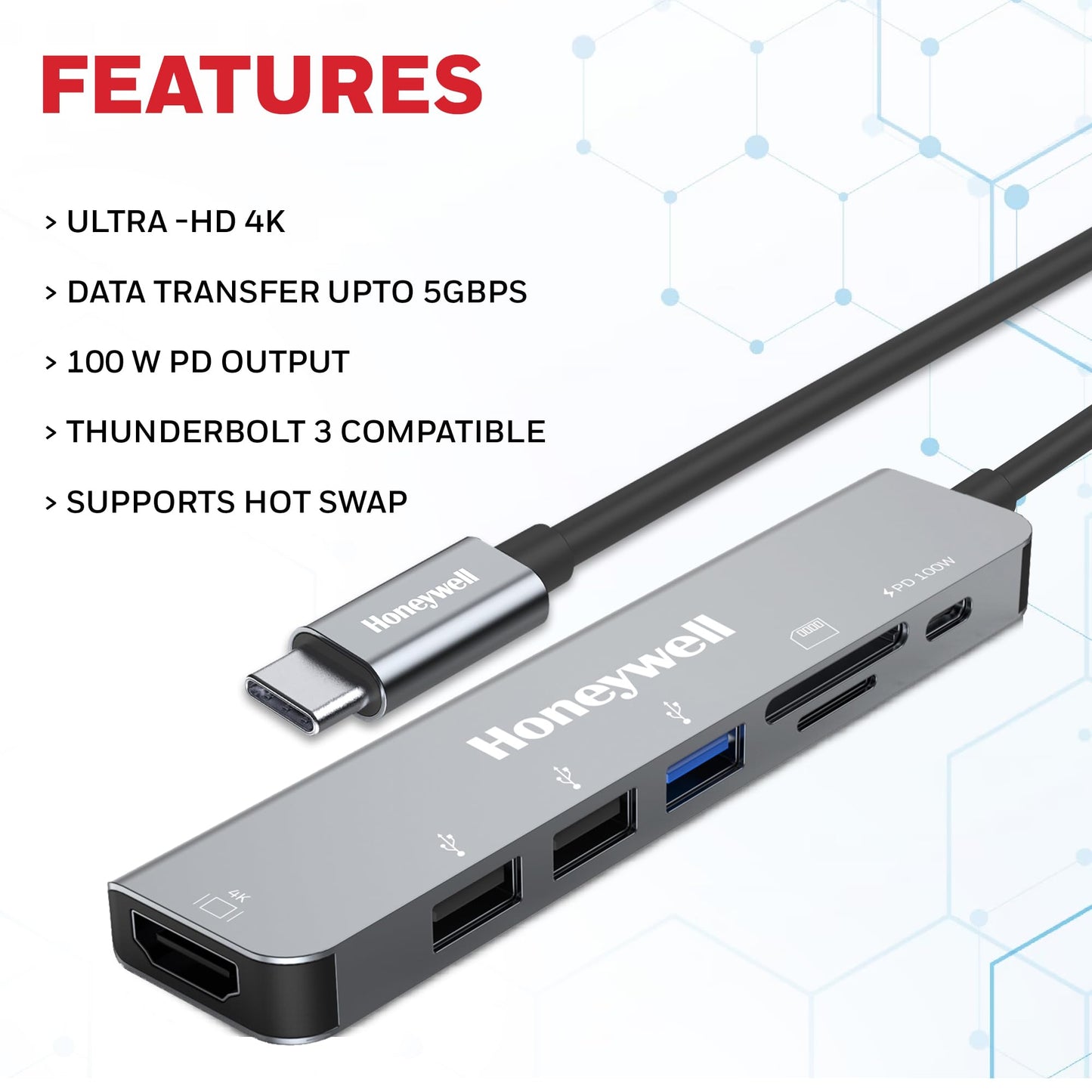 (Open Box) Honeywell Newly Launched 4in1 Ultra Slim Multiport Type C Hub to 1xUSB 3.0 & 3xUSB 2.0 Ports,30cms(1 feet) Cable,DataTransfer Speed Upto 5GBPS,Universally Compatible with All USB,PC,Speaker,Laptop