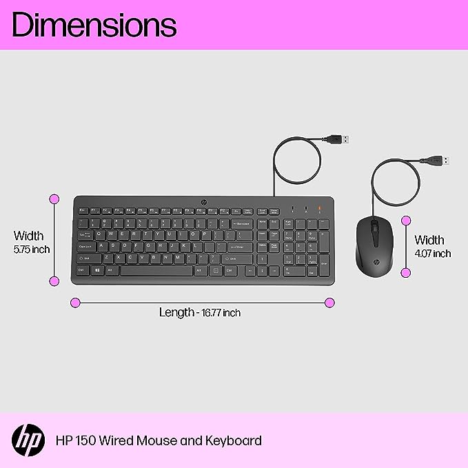 (Open Box) HP 150 Wired Keyboard and Mouse Combo with Instant USB Plug-and-Play Setup, 12 Shortcut Keys, 6å¡ Adjustable Slope Keyboard and 1600 DPI Optical Sensor Mouse (3-Years Warranty, 240J7AA)