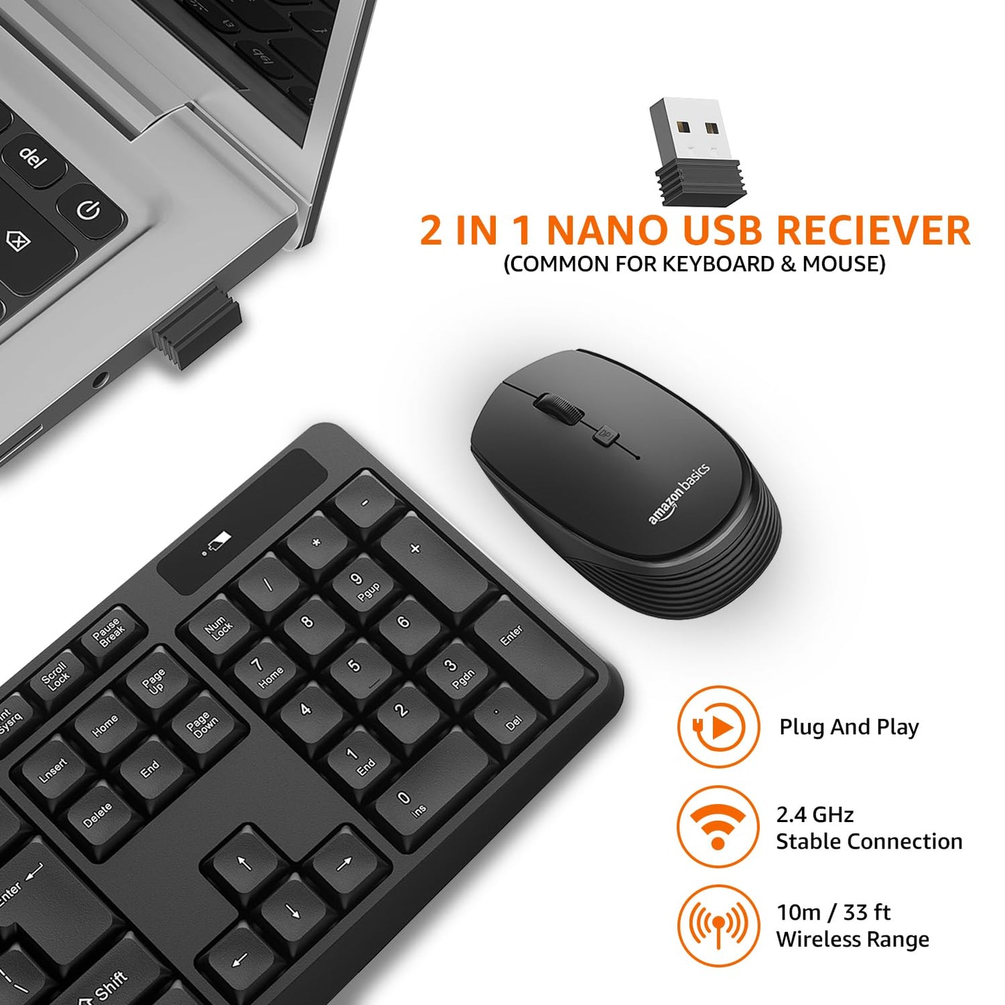 (Open Box) Amazon Basics USB Wireless Keyboard and Mouse Set with Nano Receiver