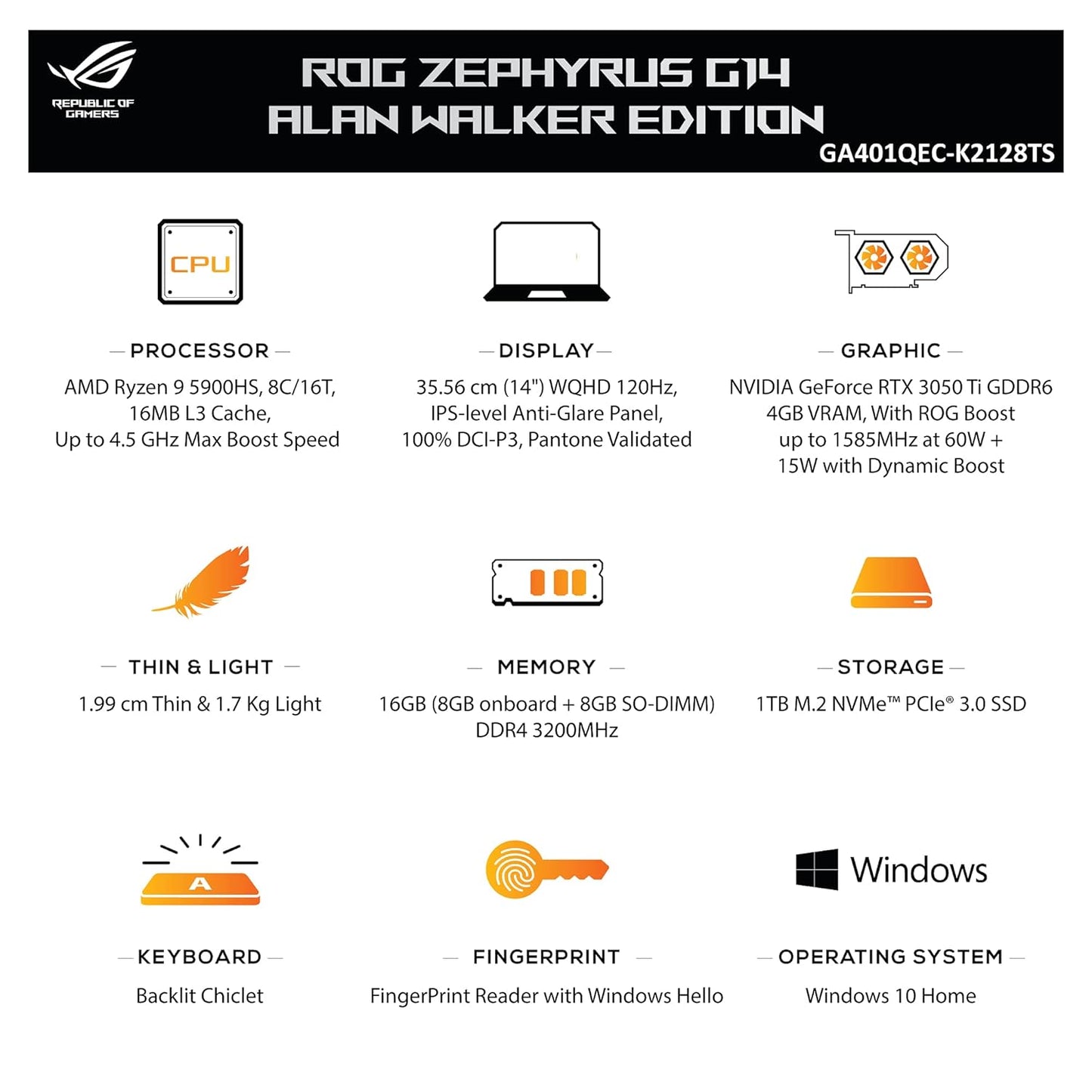 (Brand Refurbished)Asus Rog Zephyrus G14 Alan Walker Edition Amd Ryzen 9 5900Hs 14 Inches Gaming Business Laptop (Wqhd 120Hz, Nvidia Rtx 3050 Ti 4Gb Graphics,16Gb/1Tb Ssd/Office/Windows 10 Home/Gray/Anime Matrix/1.7 Kg)