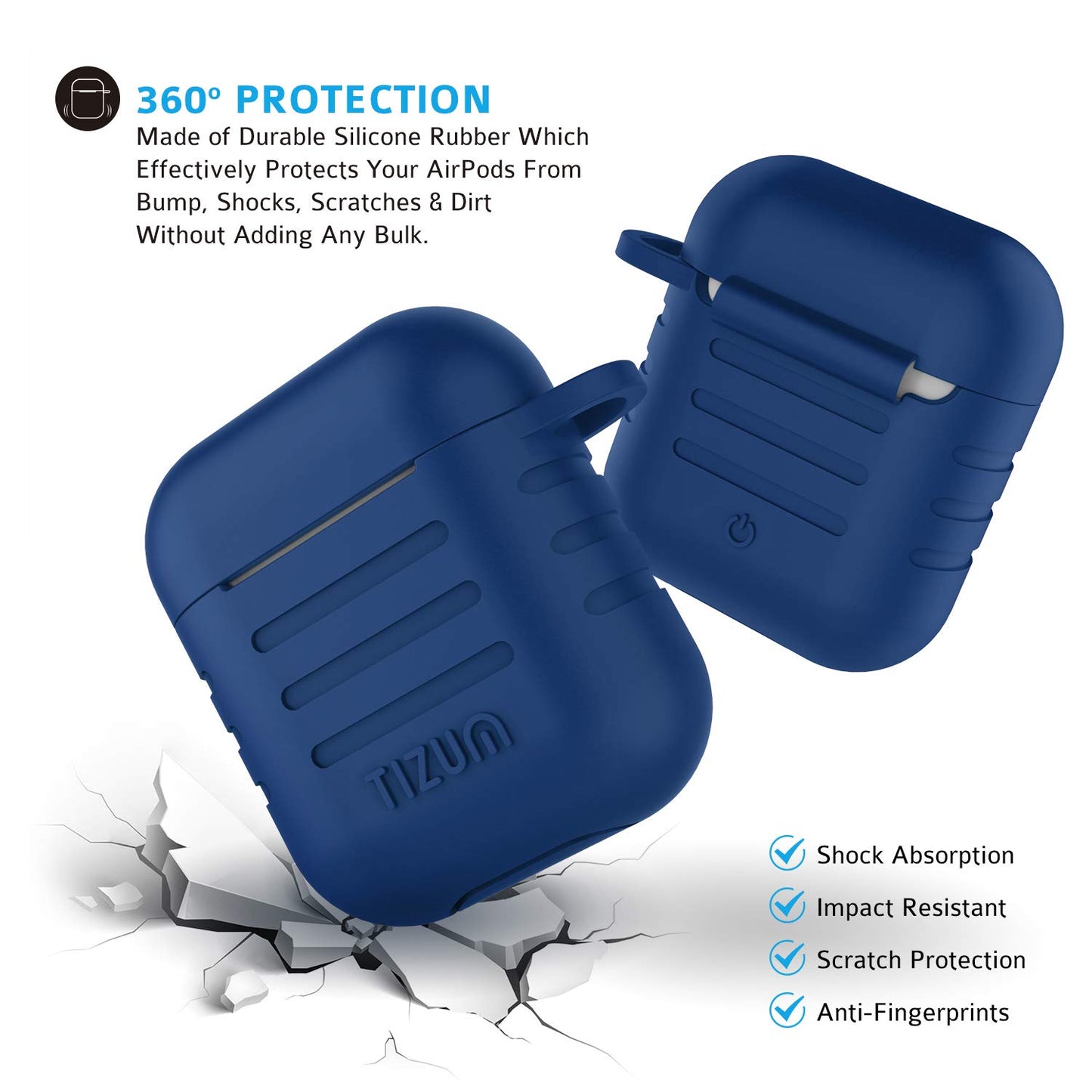 (Open Box) tizum Apple AirPods Case, Silicone-Shockproof Headphones Case Cover with Carabiner Hook for AirPod (Blue)
