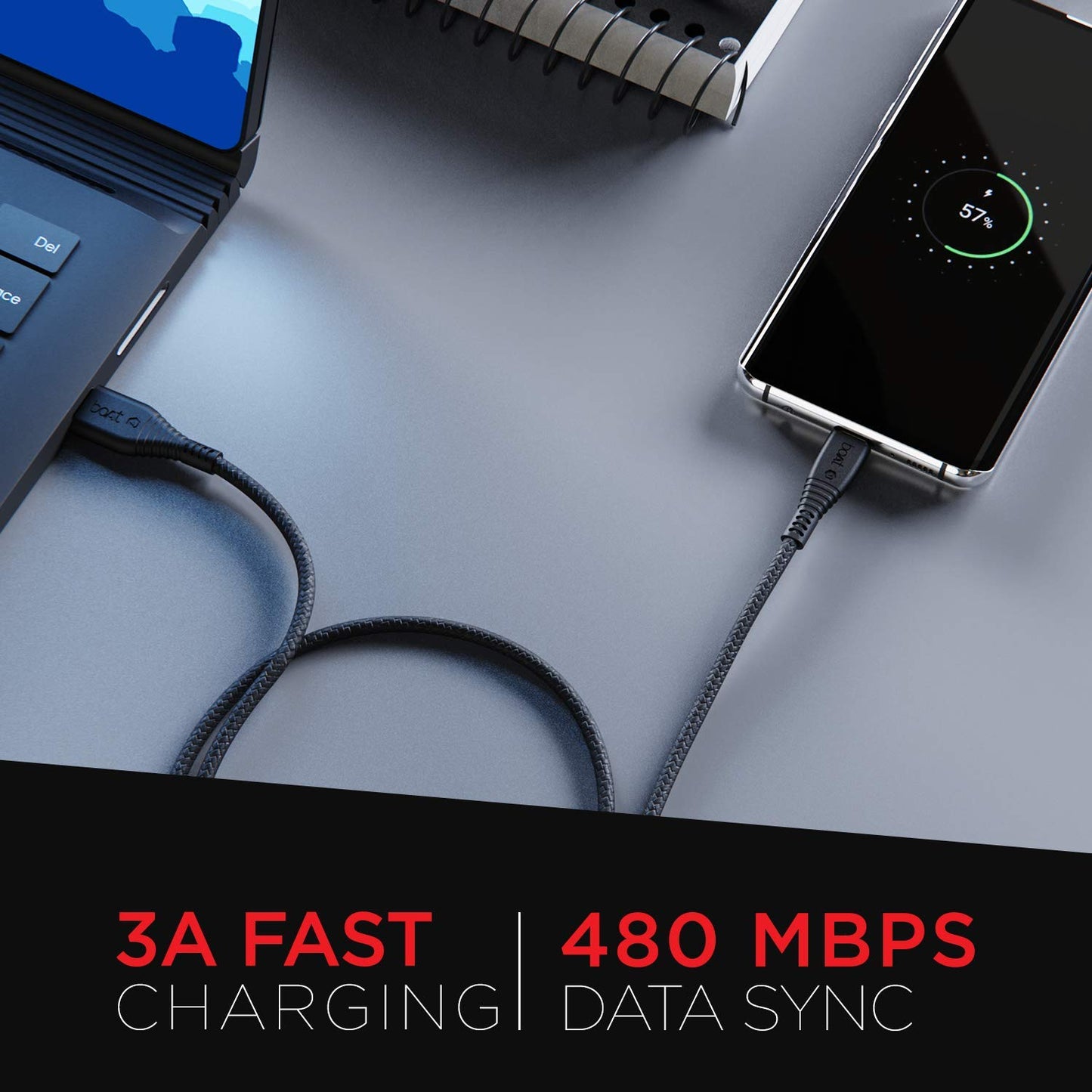 (Open box)boAt Micro USB 55 Tangle-Free, Sturdy Micro USB Cable with 3A Fast Charging & 480mbps Data Transmission, 10000+ Bends Lifespan & Extended 1.5m Length Black