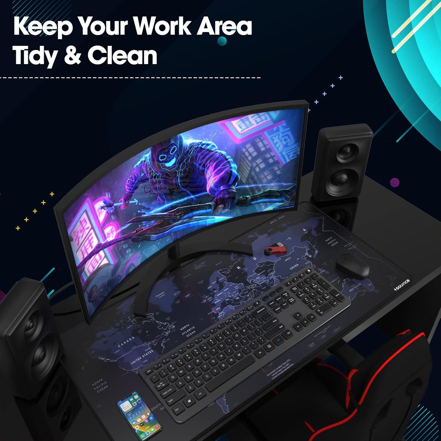 (Open Box) Sounce Mouse Pad Advanced Formula Rubber Extended Gaming Mouse Pad with Smooth Mouse Control Mercerized Surface Anti-fray Edges and Anti Slip Rubber Base Dimensions 800L x 300B x 2H mm (Black)