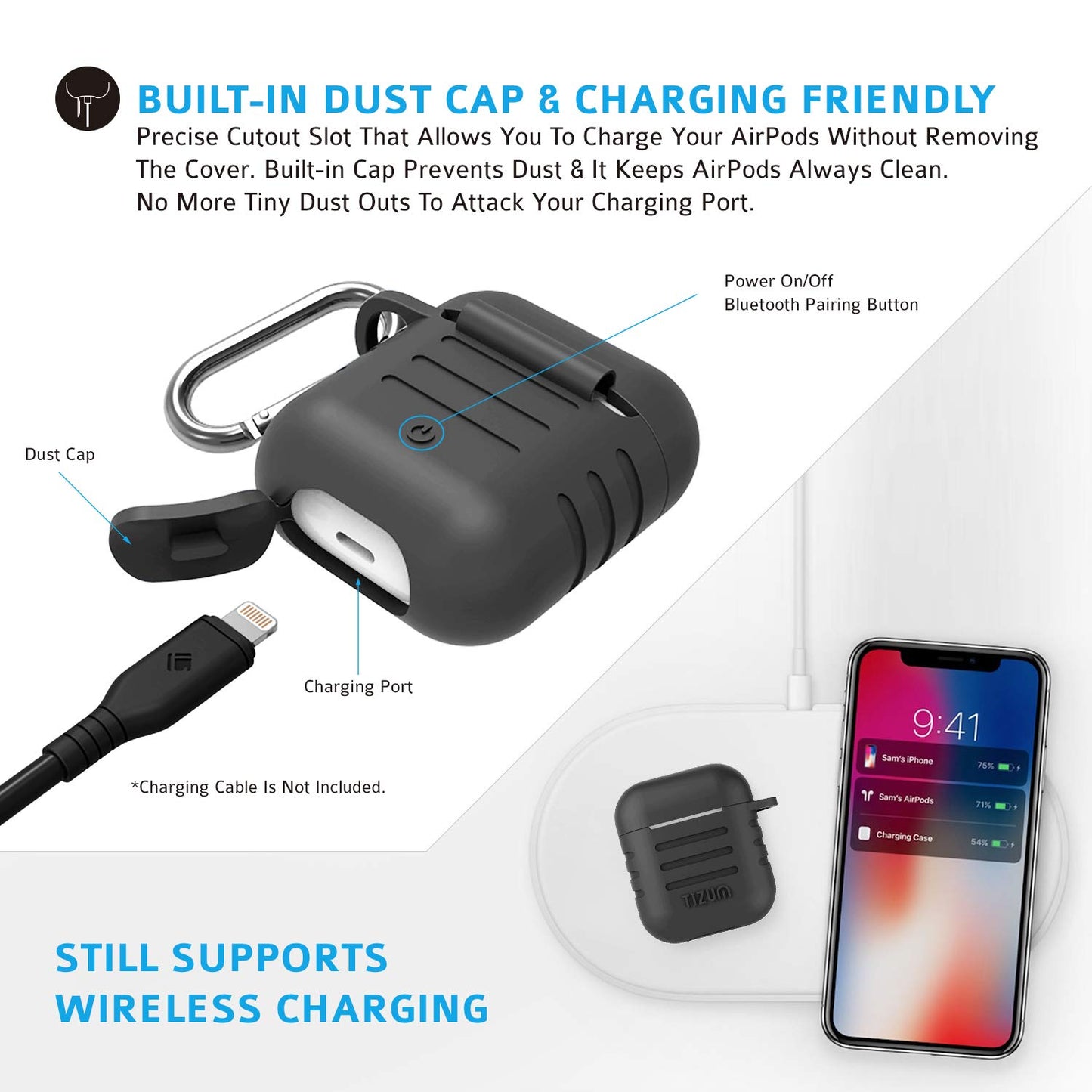 (Open Box) Tizum Apple AirPods Case Silicone-Shockproof Case Cover with Carabiner Hook for AirPod 2 | Black