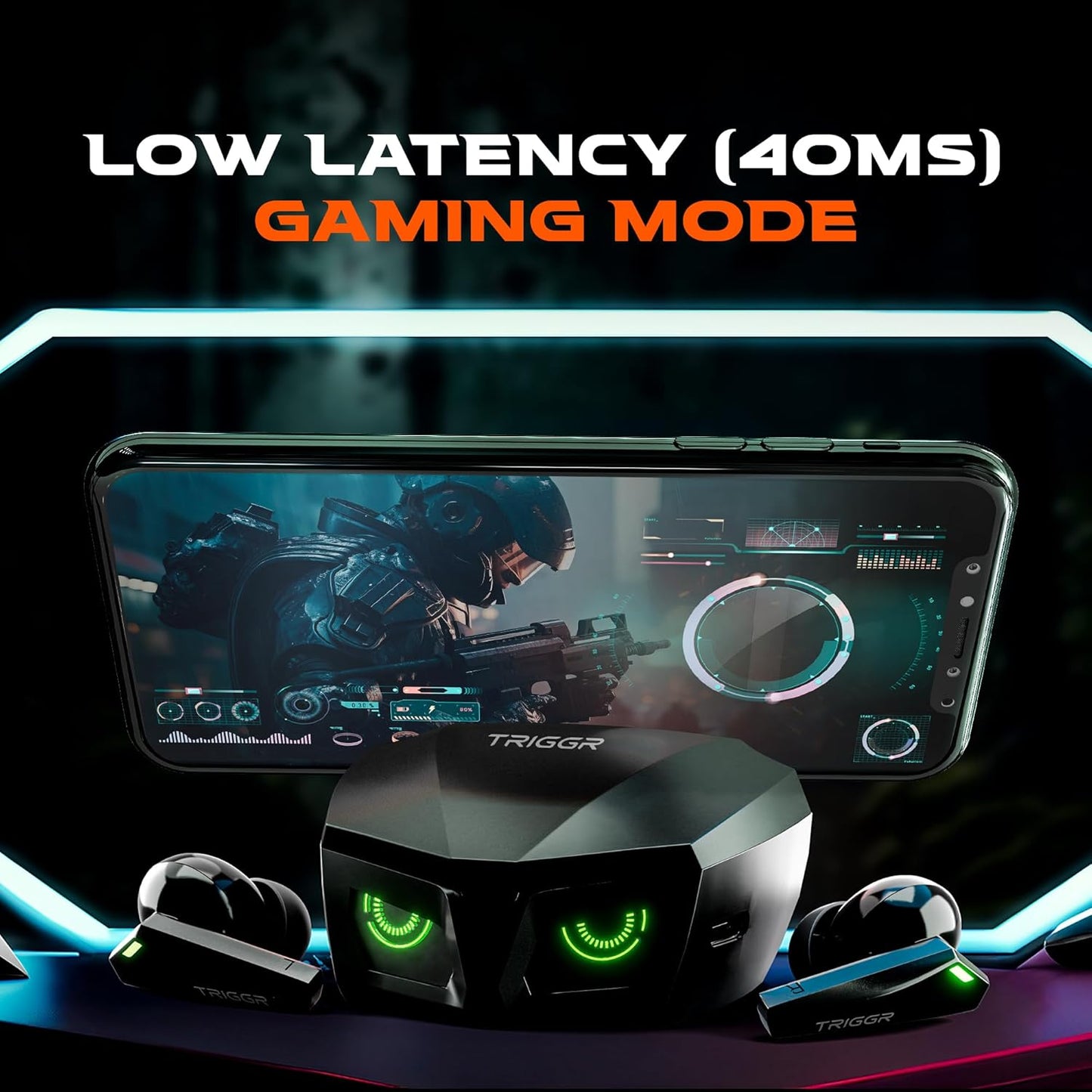 (OPEN BOX) TRIGGR Kraken X1 with Battery Display, 40ms Latency, Quad Mic ENC, 40 Hr Battery, v5.3 Bluetooth Headset (Black, True Wireless)