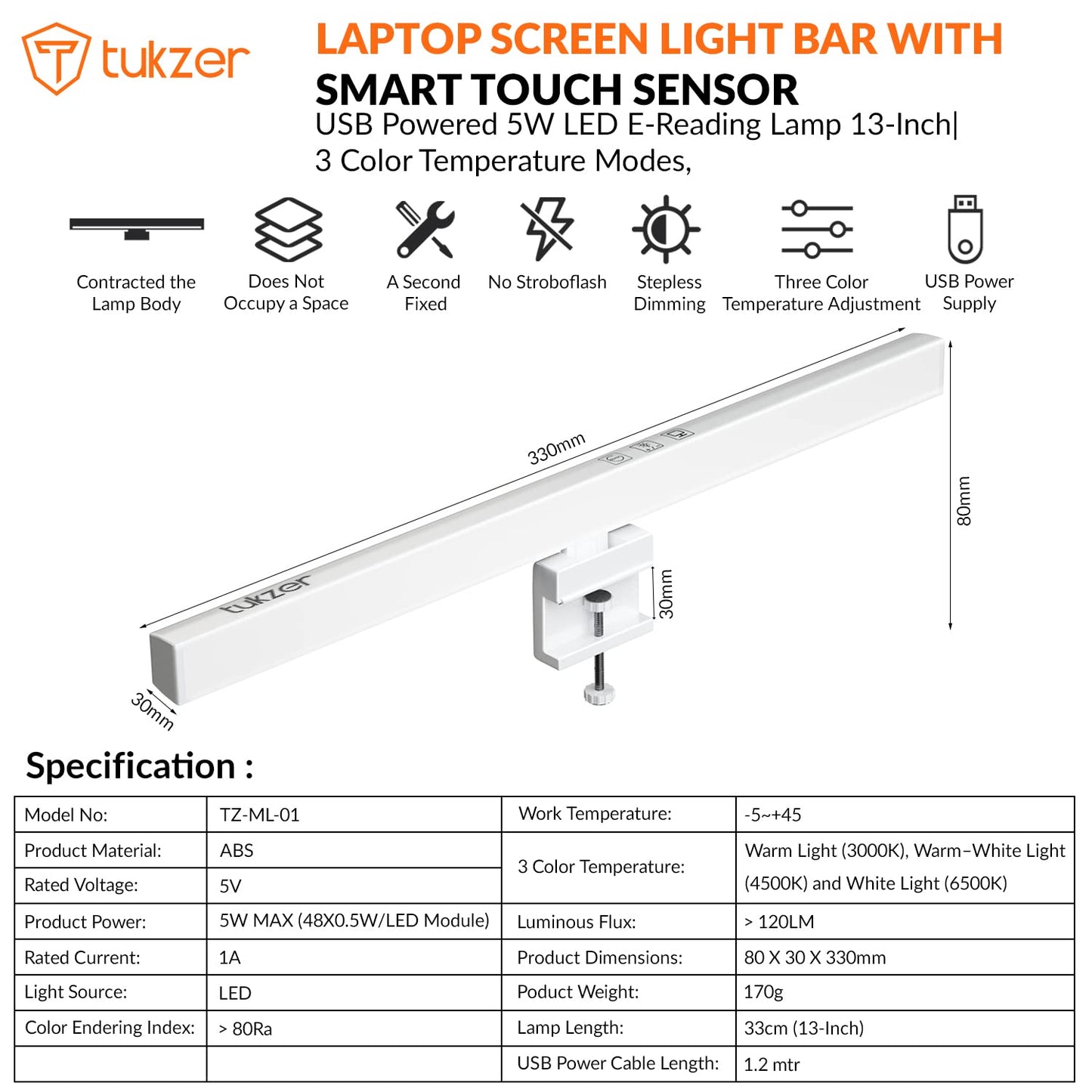 (Open Box)Tukzer 13-Inch Laptop Screen Light Bar with Smart Touch Sensor| USB Powered 5W LED E-Reading Lamp | 3 Color Temperature Modes, Stepless Dimming, 60-Min Timer, No Screen Glare Eye Health Care (Black)