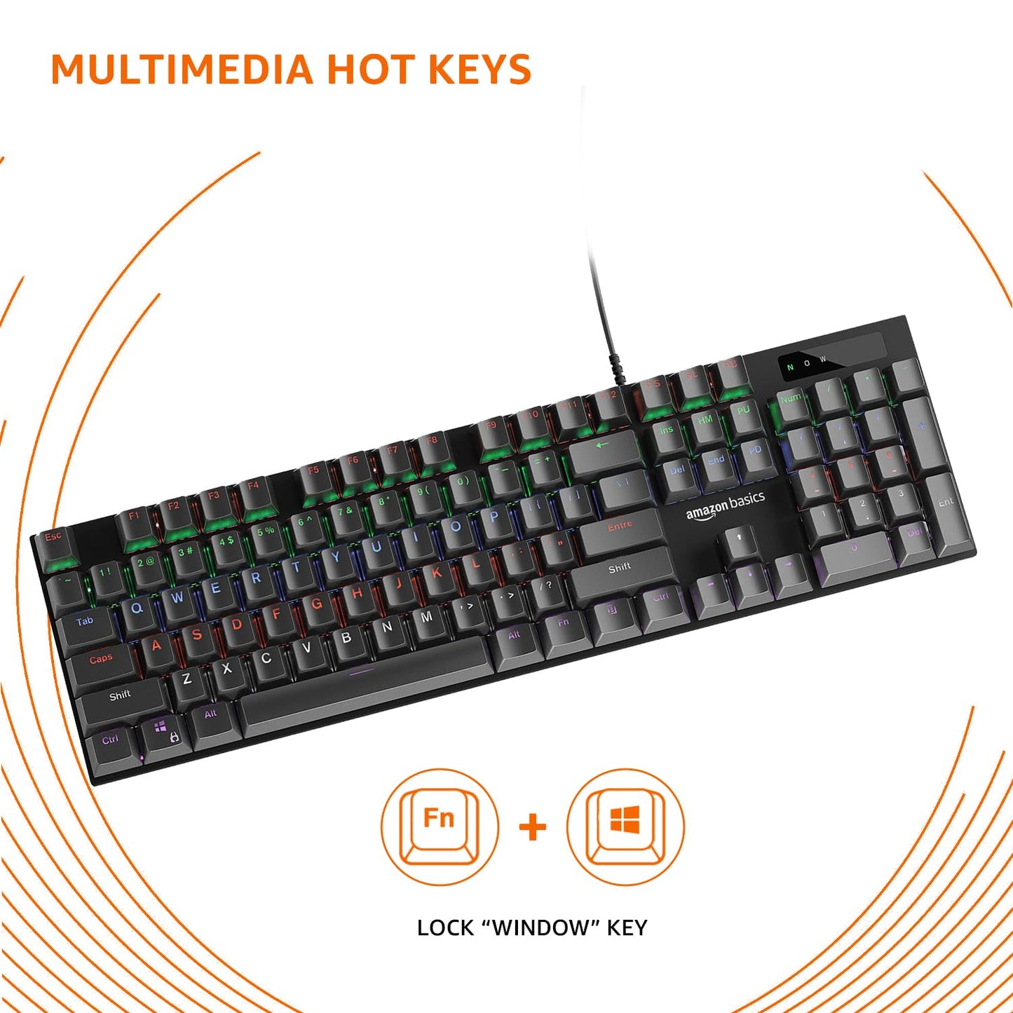 (Open Box) Amazon Basics USB Gaming Keyboard with Multicolour LED Effect | 12 Multimedia Keys |4 LED Modes