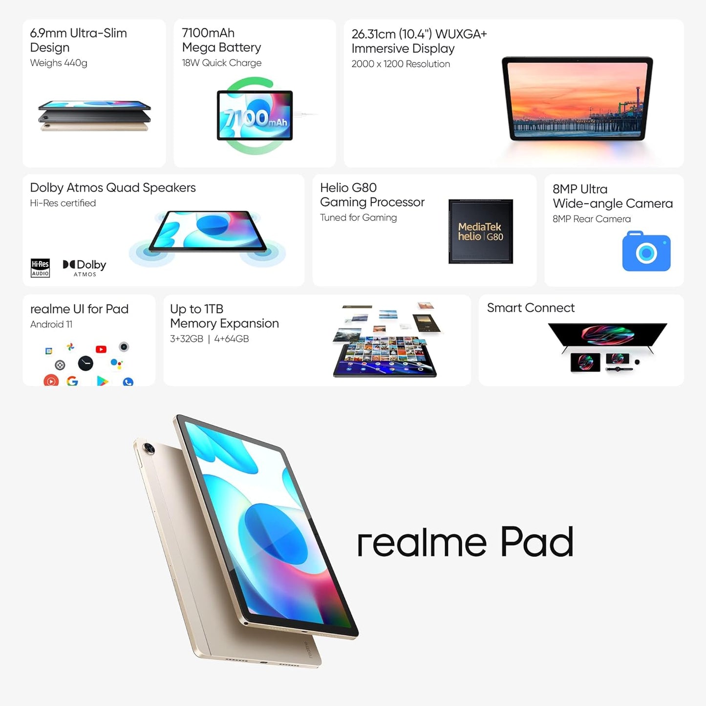 (Open Box) realme Pad WiFi+4G Tablet | 3GB RAM 32GB ROM (Expandable) | 26.4cm (10.4 inch) WUXGA+ Display | 7100 mAh Battery | Dolby Atmos Quad Speaker | Golden Colour