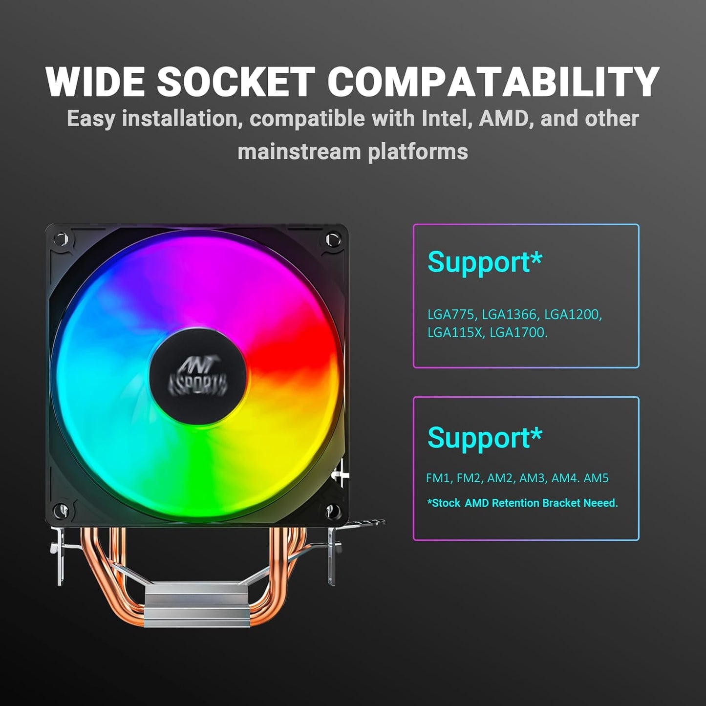 Ant Esports ICE-C200 V2 CPU Cooler/CPU Fan with Rainbow LED Fan | Support - Intel : LGA1700 / 115X / 1200/1366 x 775 & AMD : AM5, AM4, AM3+, AM3, AM2+, FM2, FM1