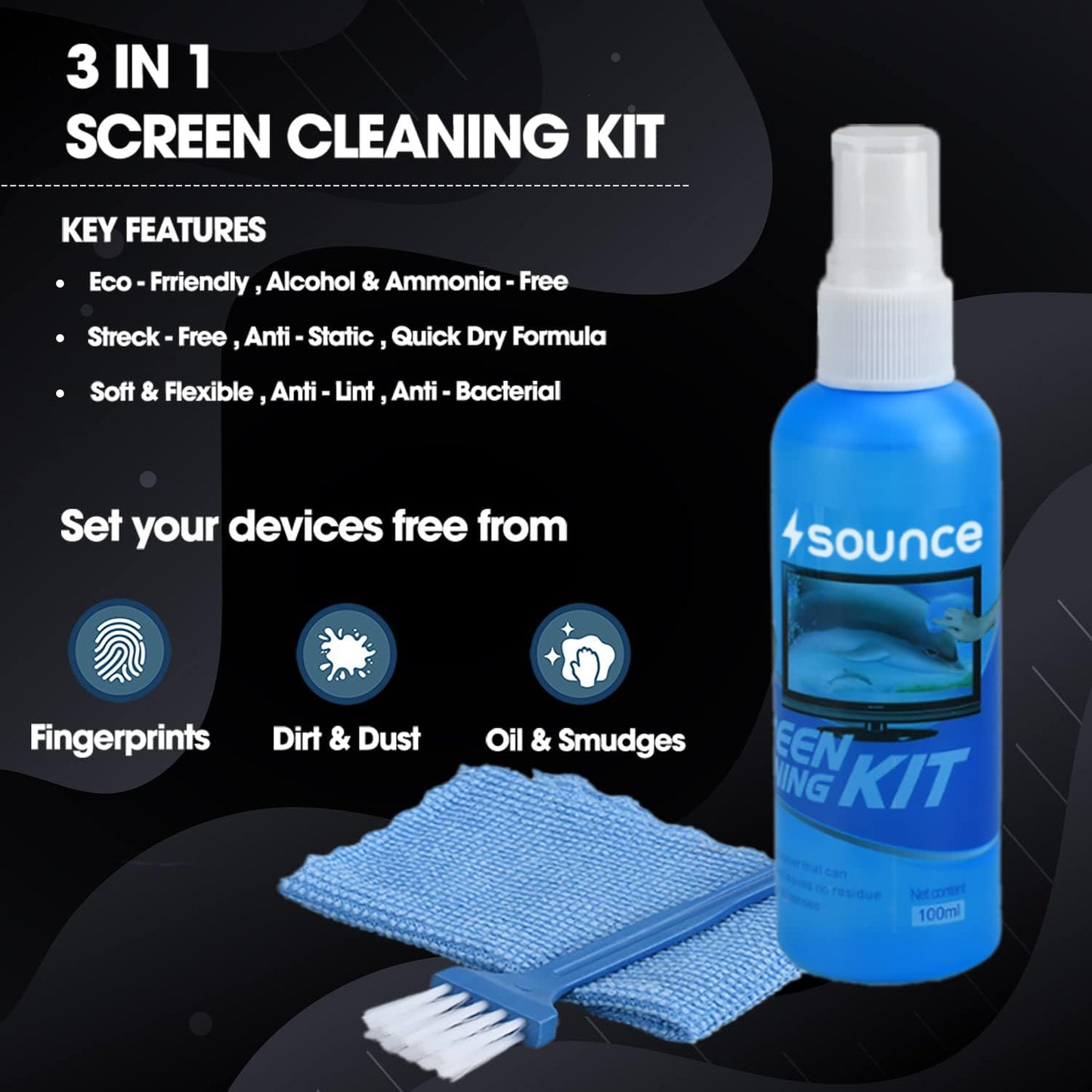 (open box)Sounce 2-in-1 Professional Screen Cleaning Kit Non-Toxic, Anti-Static for Camera, Lens, Binocular, Laptop, TV, Monitor, Smartphone, Tablet (Includes: Cleaning Liquid 500ml, Plush Microfiber Cloth)