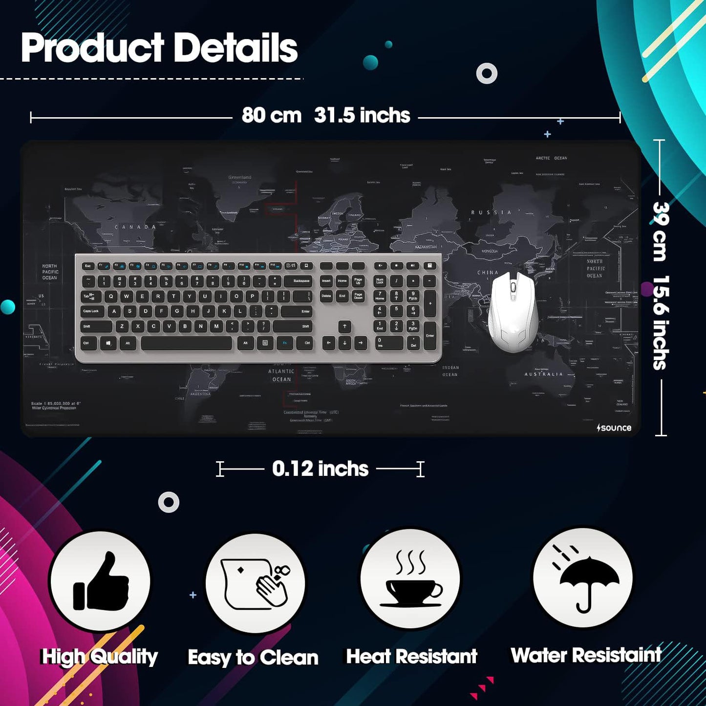 (Open Box) Sounce Mouse Pad Advanced Formula Rubber Extended Gaming Mouse Pad with Smooth Mouse Control Mercerized Surface Anti-fray Edges and Anti Slip Rubber Base Dimensions 800L x 300B x 2H mm (Black)