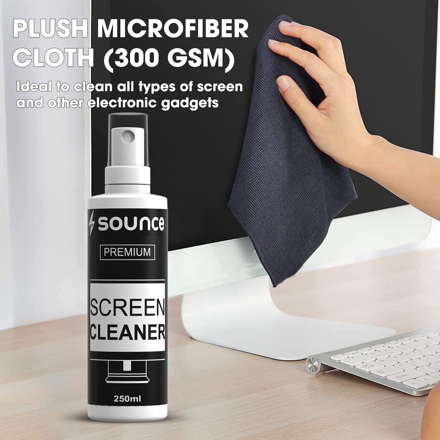 (open box)Sounce 2-in-1 Professional Screen Cleaning Kit Non-Toxic, Anti-Static for Camera, Lens, Binocular, Laptop, TV, Monitor, Smartphone, Tablet (Includes: Cleaning Liquid 500ml, Plush Microfiber Cloth)