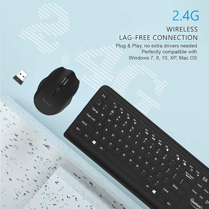 (Open Box) Quantum Deskstar 1 2.4G Wireless Multimedia Chocolate Keyboard and Mouse Combo for Laptop & Desktop Compatible with Windows Vista, Windows XP, Windows 7, Windows 8, Windows 10 and Mac (Black)