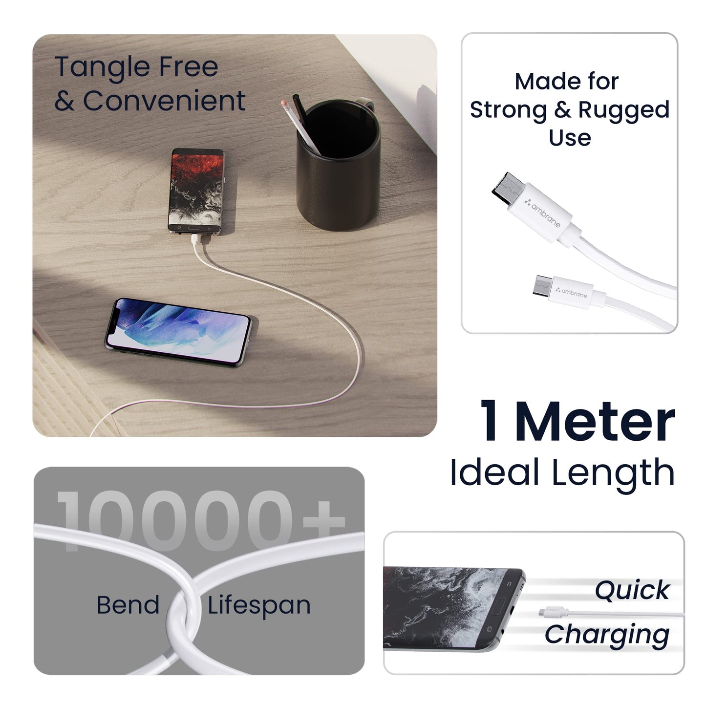 (Open Box) Ambrane 2.4A Fast Charging Output Cable with Micro to USB for Mobile, Neckband, True Wireless Earphone Charging, 480mbps Data Sync Speed, 1m Length (ACM - AZ1, Black)