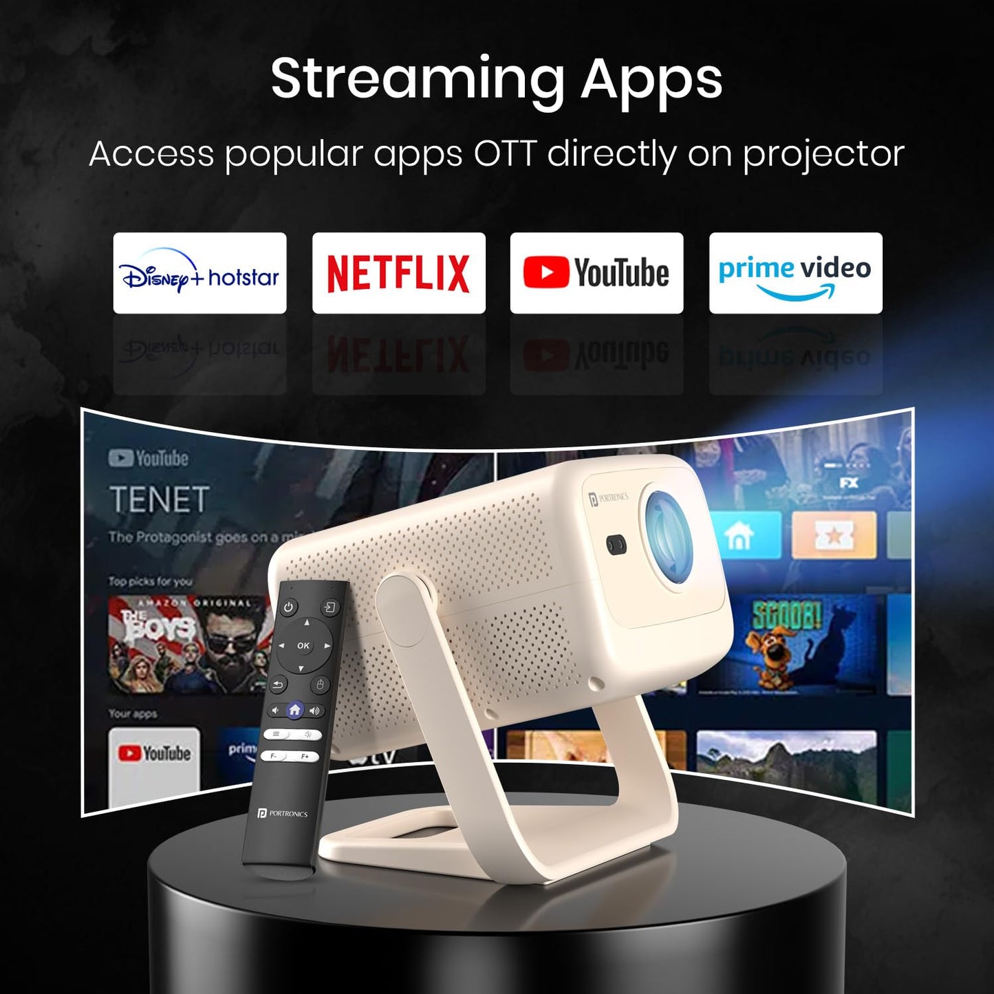 (Open Box) Portronics Beem 440 Smart LED Projector with 720p HD Resolution, Rotatable Design, Built-in Streaming Apps (Netflix, Prime Video, Hotstar), 2000 Lumens, Screen Mirroring, 3 Watts Speaker (White)