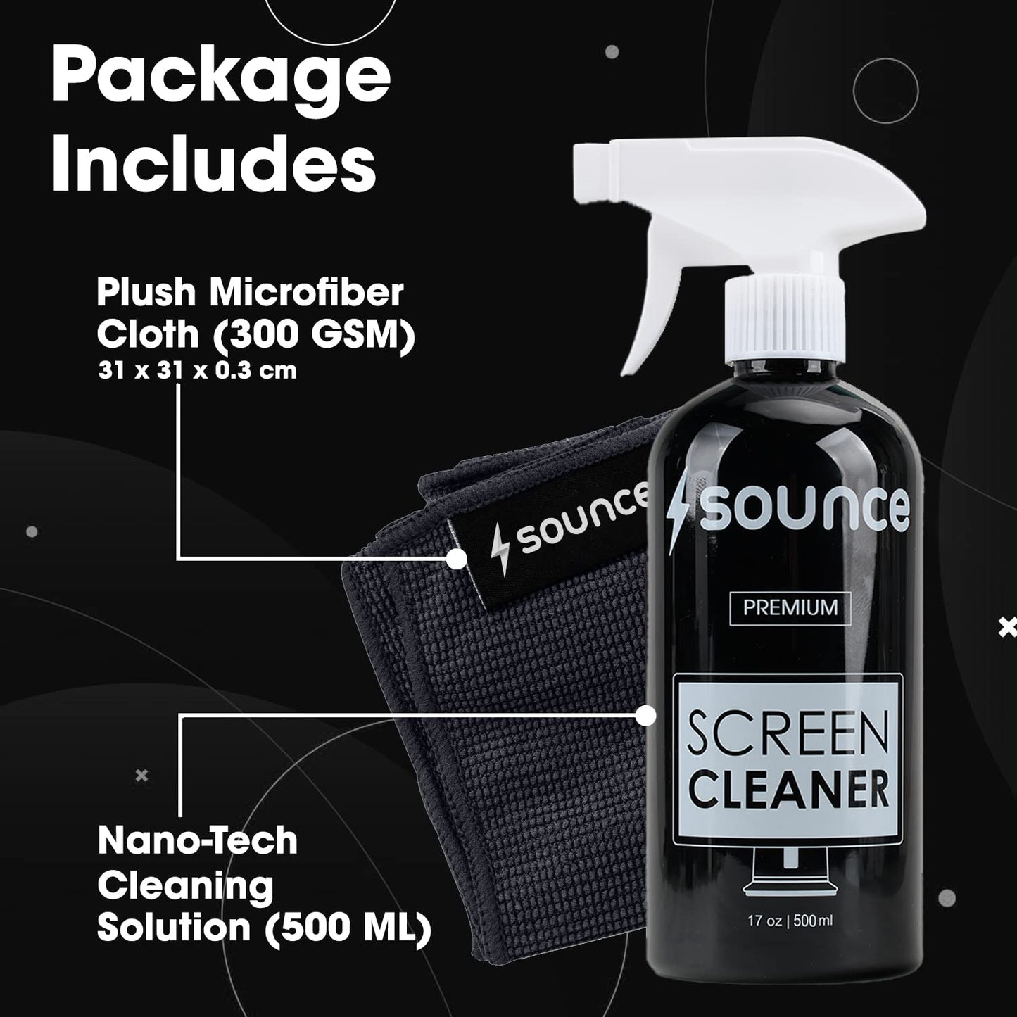 (open box)Sounce 2-in-1 Professional Screen Cleaning Kit Non-Toxic, Anti-Static for Camera, Lens, Binocular, Laptop, TV, Monitor, Smartphone, Tablet (Includes: Cleaning Liquid 500ml, Plush Microfiber Cloth)