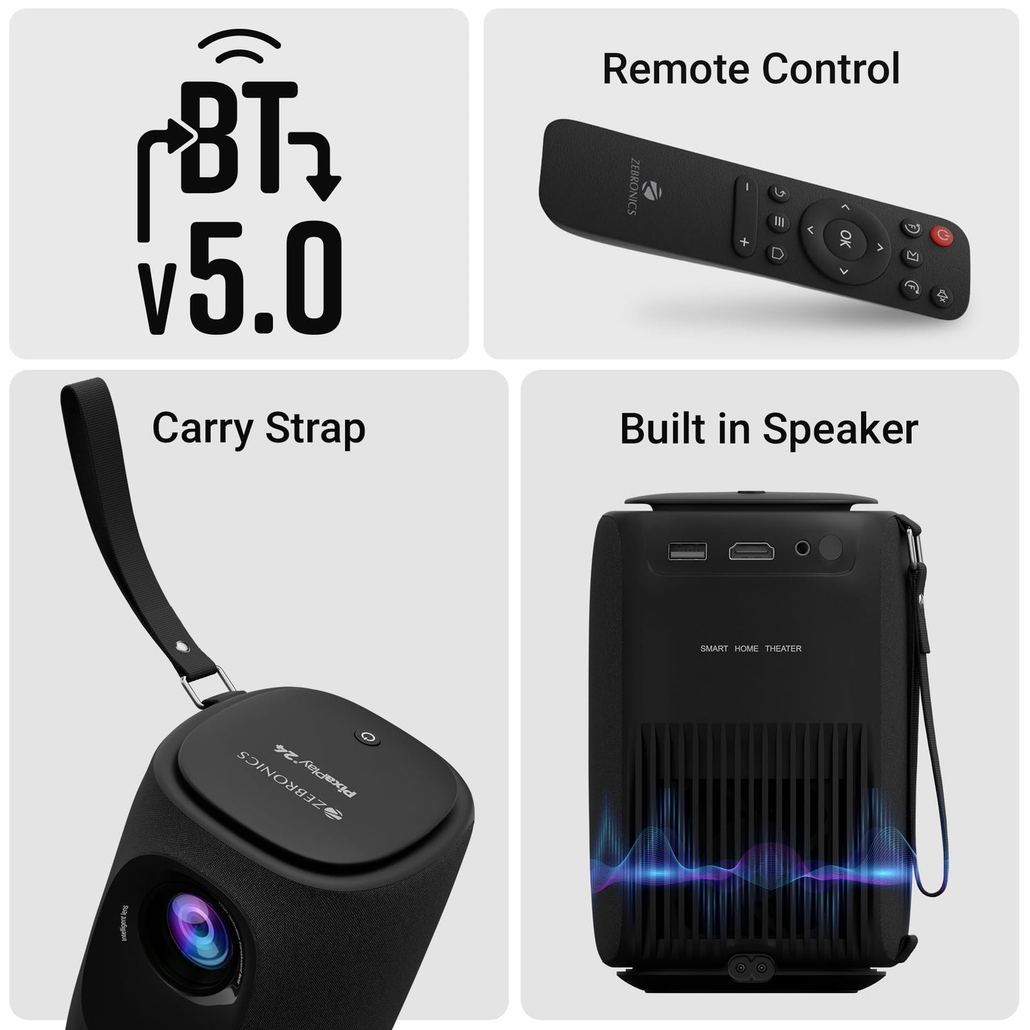 (Open Box) ZEBRONICS PIXAPLAY 22, Smart Projector, 3400 Lumens, 4K Support,160 Inch Screen Size, Supports Bluetooth, HDMI, USB, WiFi, 720p Native, Powerful Speaker, Electronic Focus, APP Support, Miracast