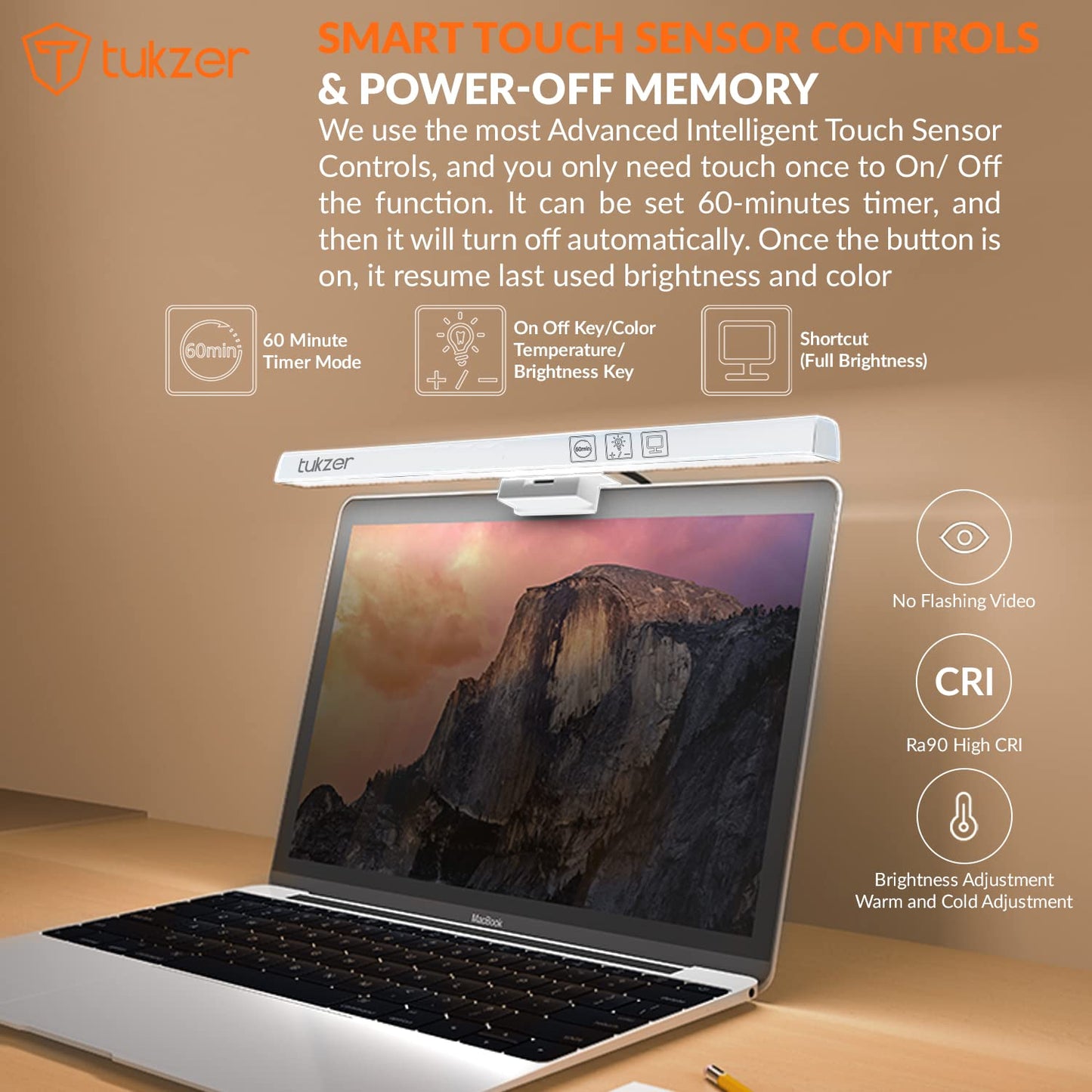 (Open Box)Tukzer 13-Inch Laptop Screen Light Bar with Smart Touch Sensor| USB Powered 5W LED E-Reading Lamp | 3 Color Temperature Modes, Stepless Dimming, 60-Min Timer, No Screen Glare Eye Health Care (Black)