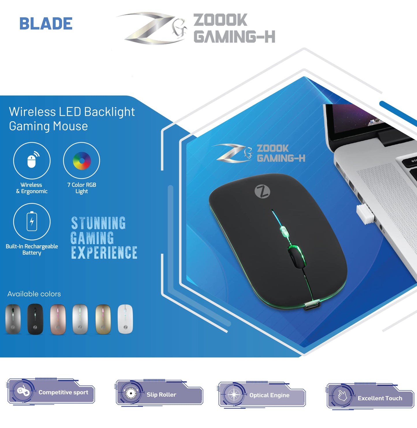 (Open Box) Zoook Blade Wireless Mouse -Rechargeable 7 Colour mice/ RGB Breathing Lights/ 3 DPI Levels/ Auto Shut Down/ Silent Click Technology/ 600 Mah Battery/ Light Weight/ Plug and Play (Black)