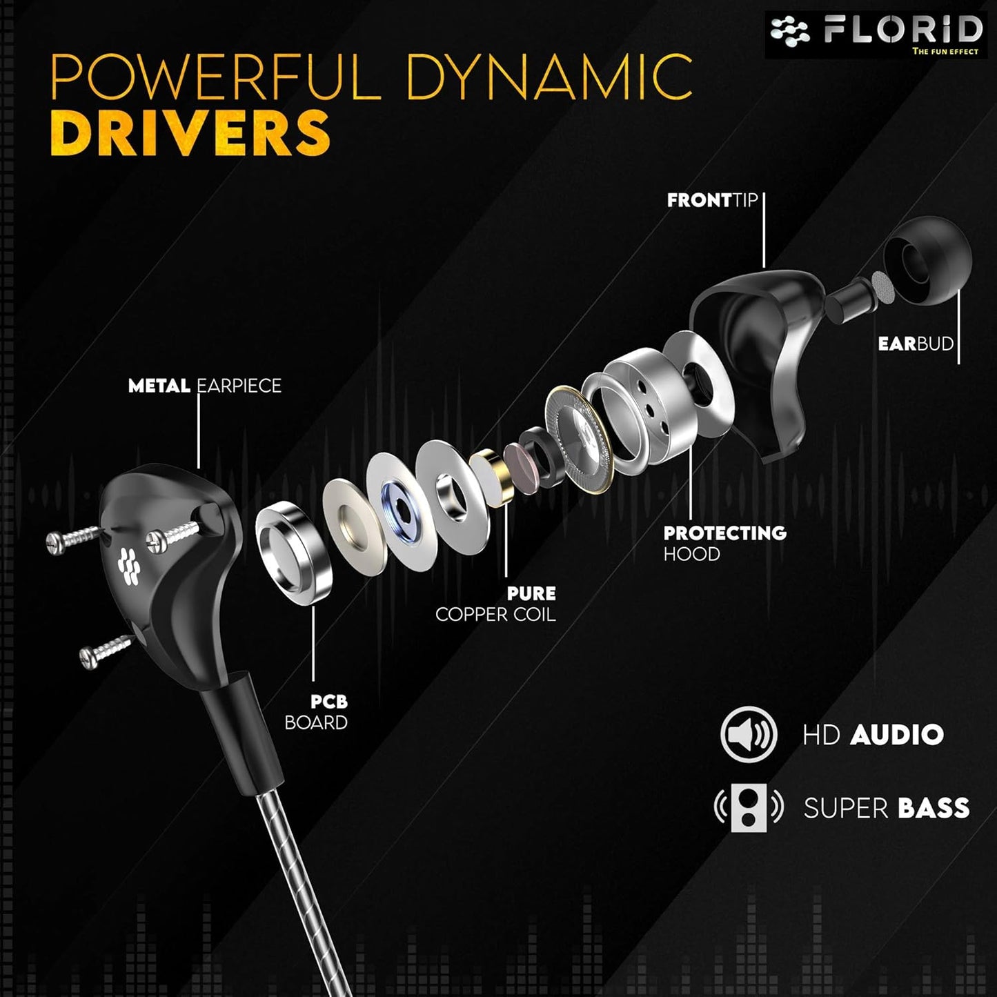 (Open Box) Florid Bass Machine 007 in-Ear Metal Wired Earphones with Mic and in-Line Control |Super Extra Bass & HD Sound |1.2 Meters Length & Gold Plated 3.5mm Universal Jack (Black)