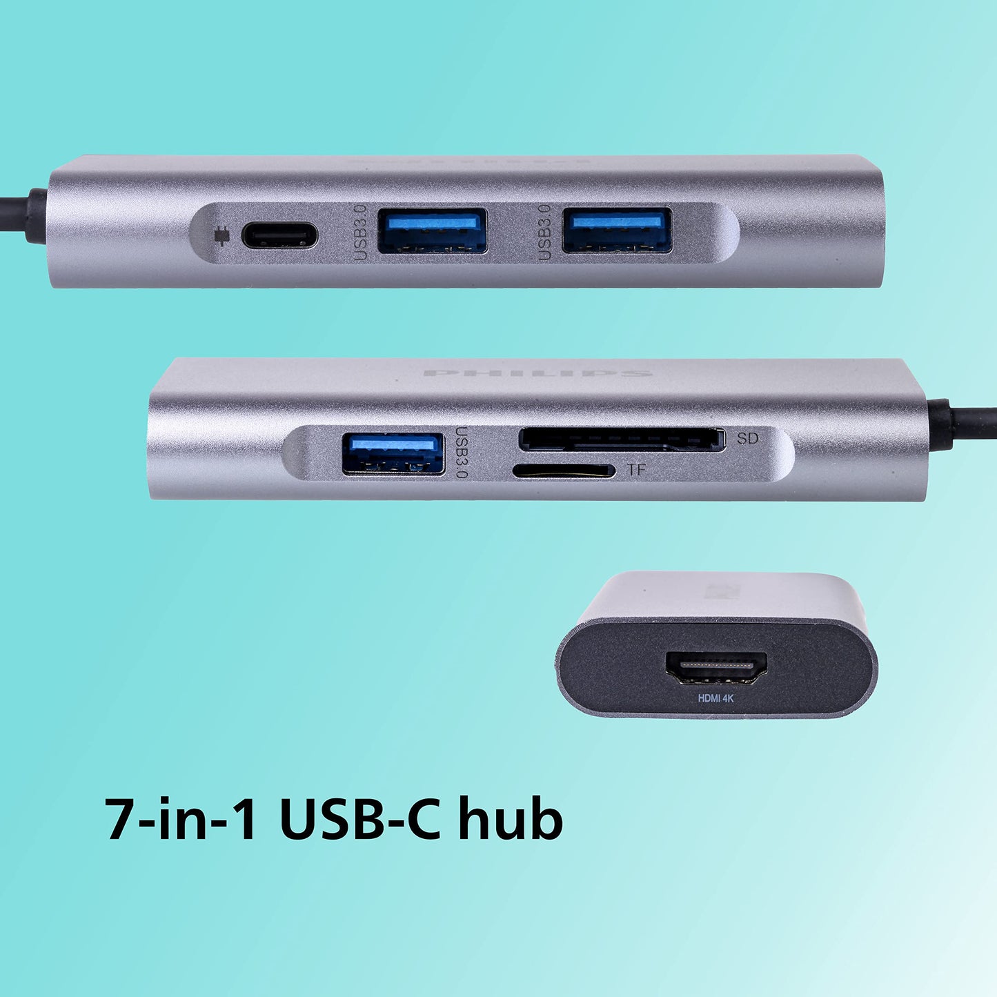 (Open Box) PHILIPS 7 in 1 USB Type C to HDMI 4K 30Hz + 3 x USB A + PD (max 60W) + Micro SD Card Slot + SD Card Slot Dock Adapter for MacBook, Windows OS, iPad, Chromebook, Surface, Android Type C Port Devices
